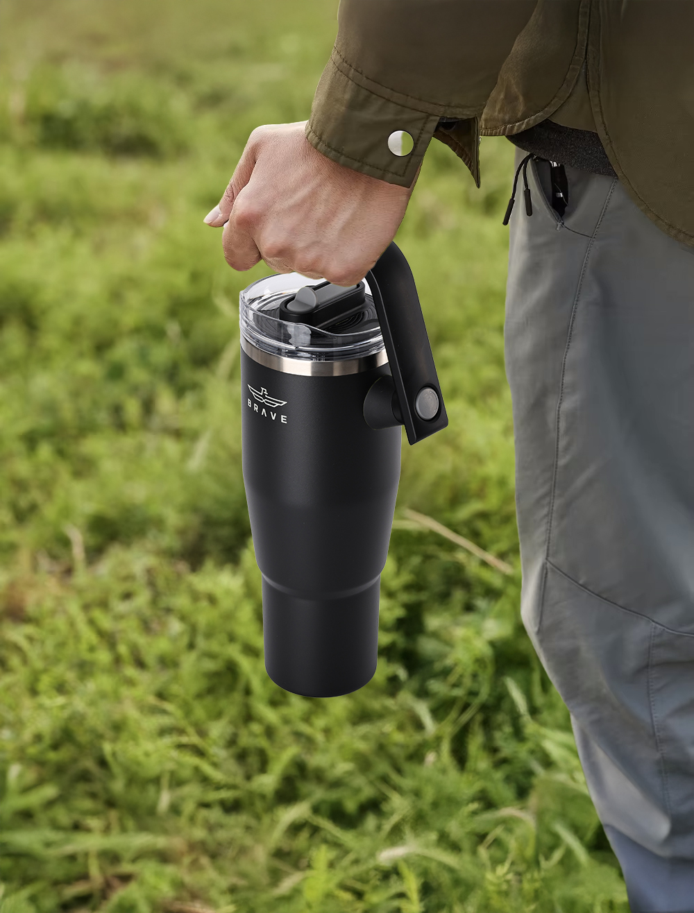 Brave Temp Guard Vacuum Insulated Travel Mug – 180° Rotating Handle, 24H Cold & 12H Hot Retention, Leak-Proof Lid, 1200ml - Black