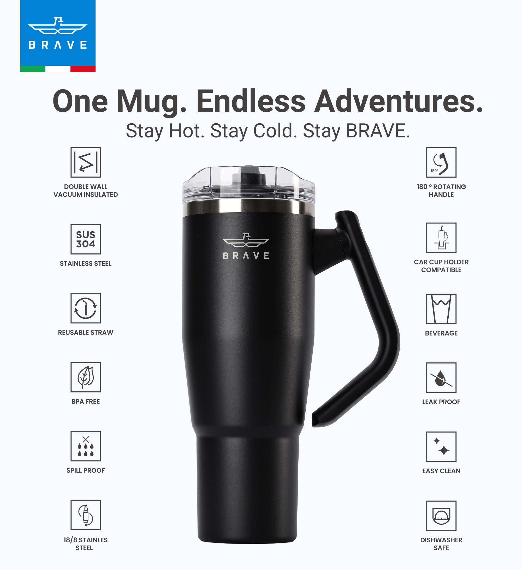 Brave Temp Guard Vacuum Insulated Travel Mug – 180° Rotating Handle, 24H Cold & 12H Hot Retention, Leak-Proof Lid, 1200ml - Black