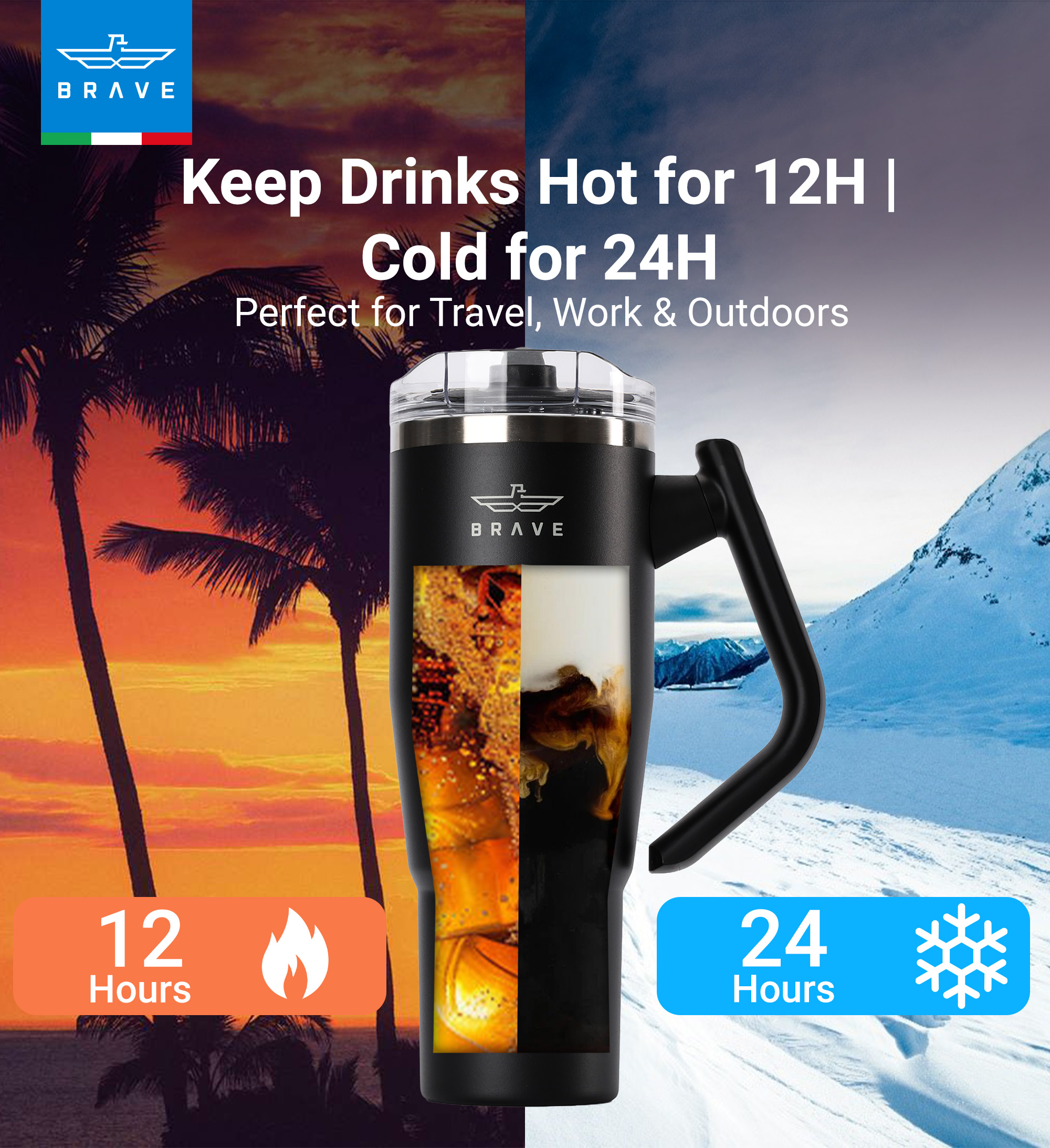 Brave Temp Guard Vacuum Insulated Travel Mug – 180° Rotating Handle, 24H Cold & 12H Hot Retention, Leak-Proof Lid, 1200ml - Black