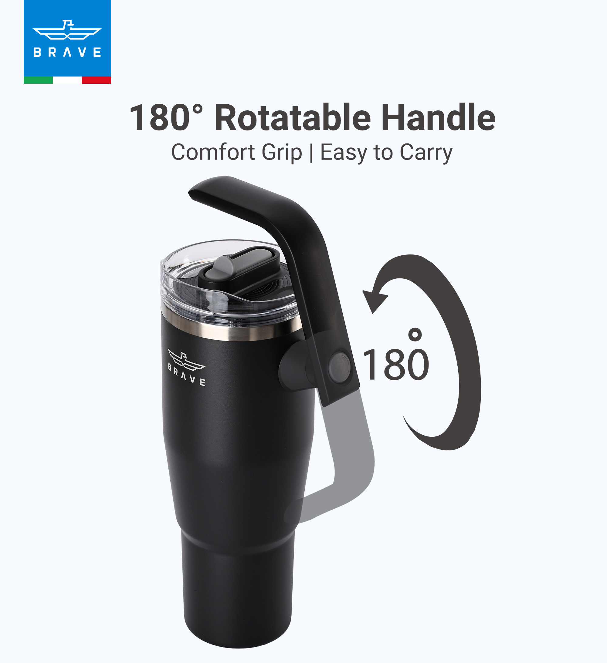 Brave Temp Guard Vacuum Insulated Travel Mug – 180° Rotating Handle, 24H Cold & 12H Hot Retention, Leak-Proof Lid, 1200ml - Black