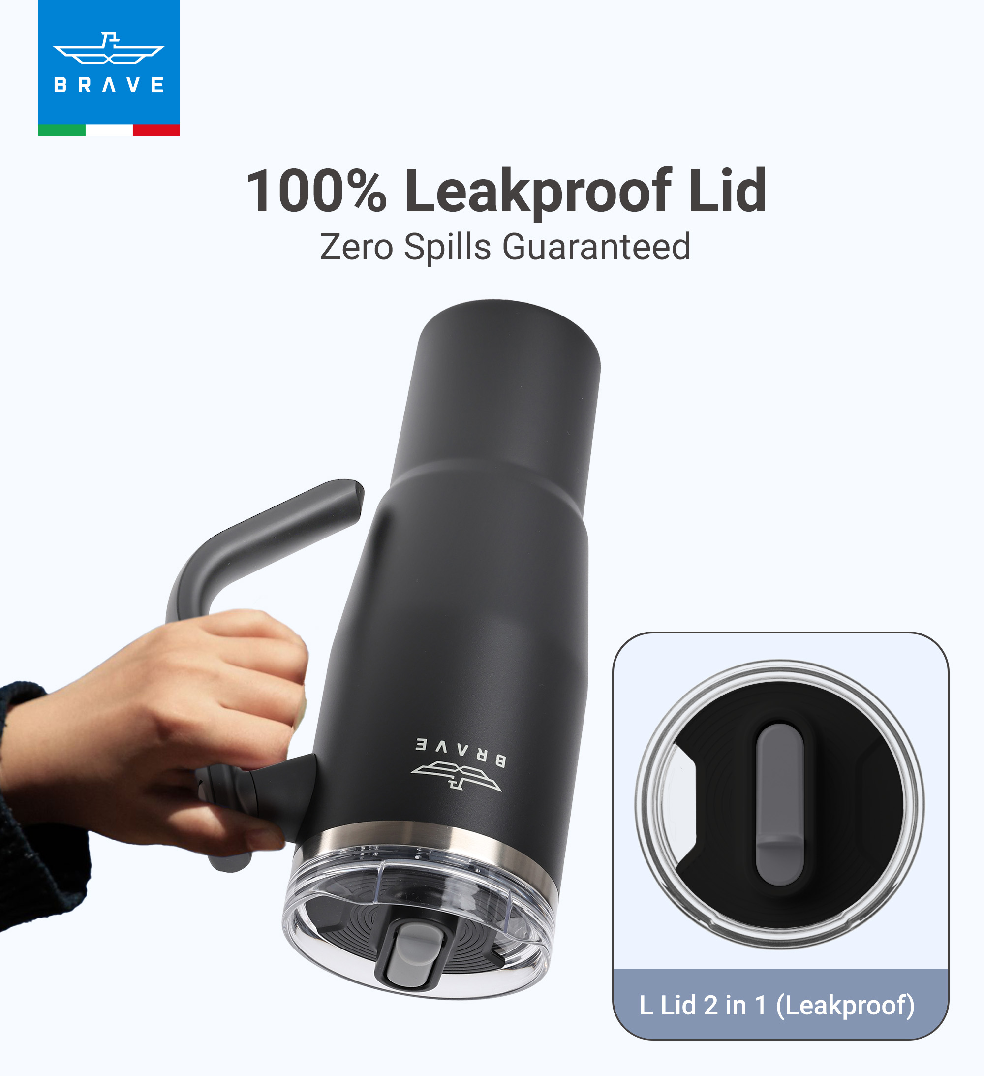 Brave Temp Guard Vacuum Insulated Travel Mug – 180° Rotating Handle, 24H Cold & 12H Hot Retention, Leak-Proof Lid, 1200ml - Black