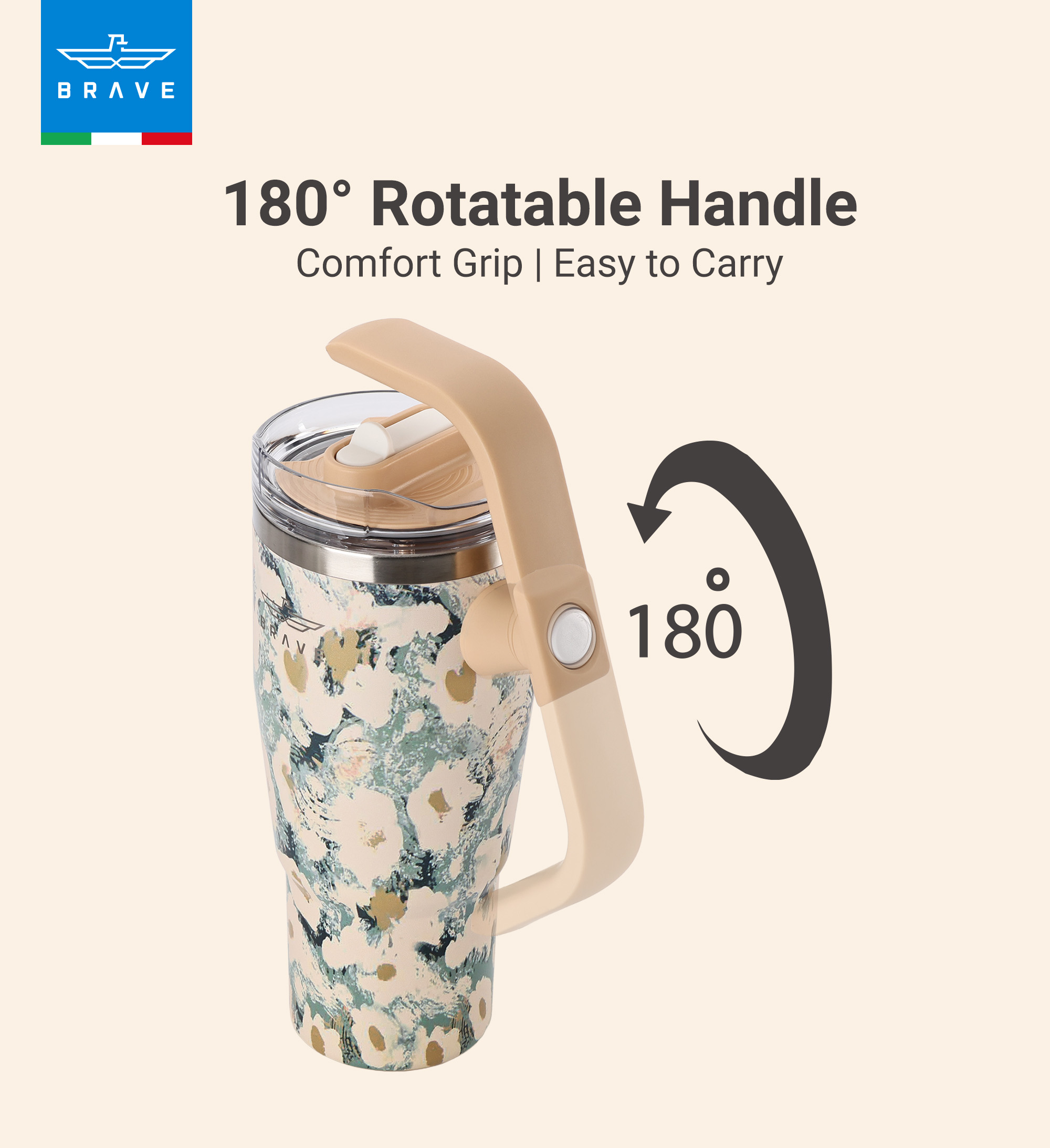 Brave Temp Guard Vacuum Insulated Travel Mug – 180° Rotating Handle, 24H Cold & 12H Hot Retention, Leak-Proof Lid, 1200ml - Yellow Rose