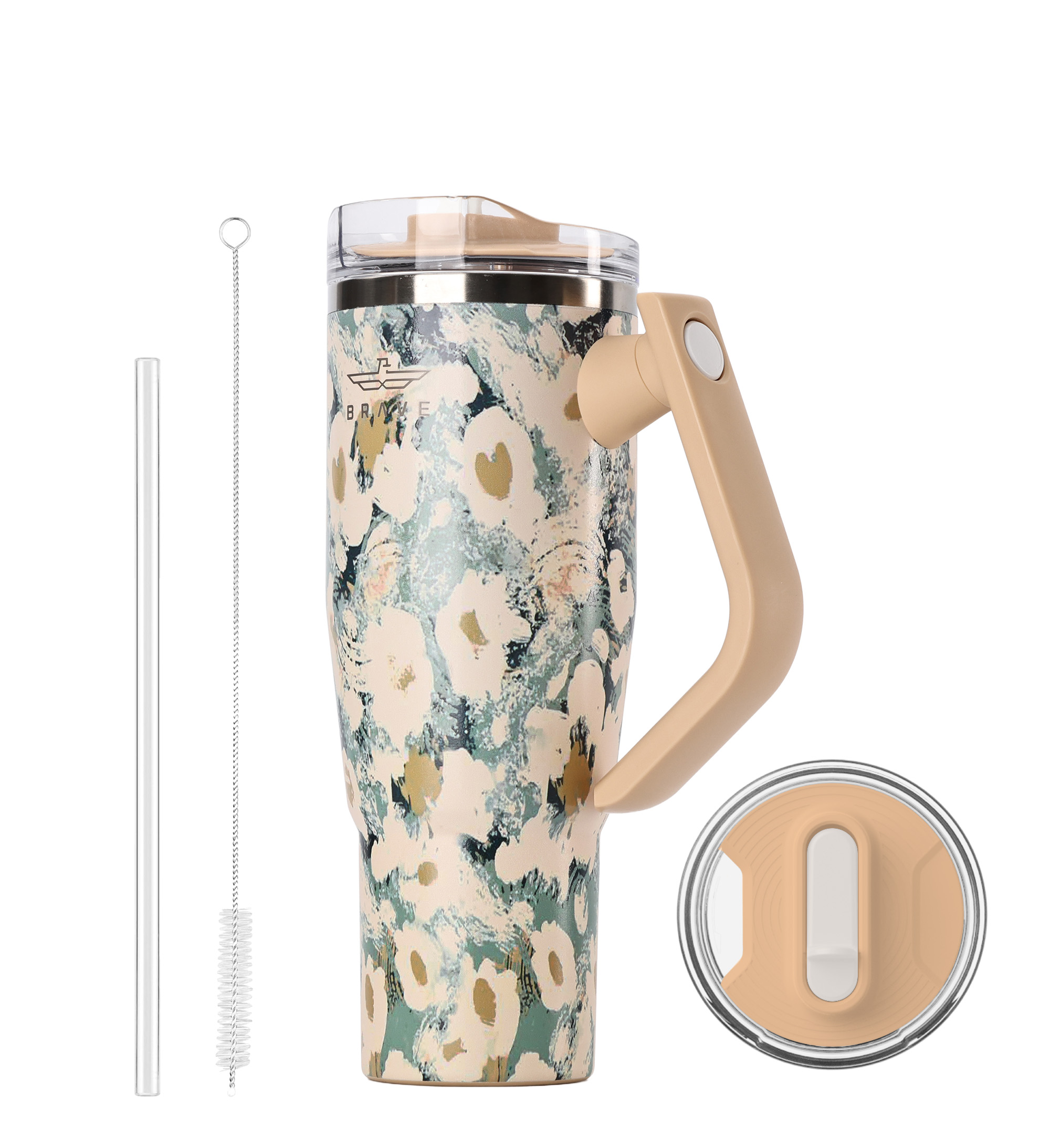 Brave Temp Guard Vacuum Insulated Travel Mug – 180° Rotating Handle, 24H Cold & 12H Hot Retention, Leak-Proof Lid, 1200ml - Yellow Rose