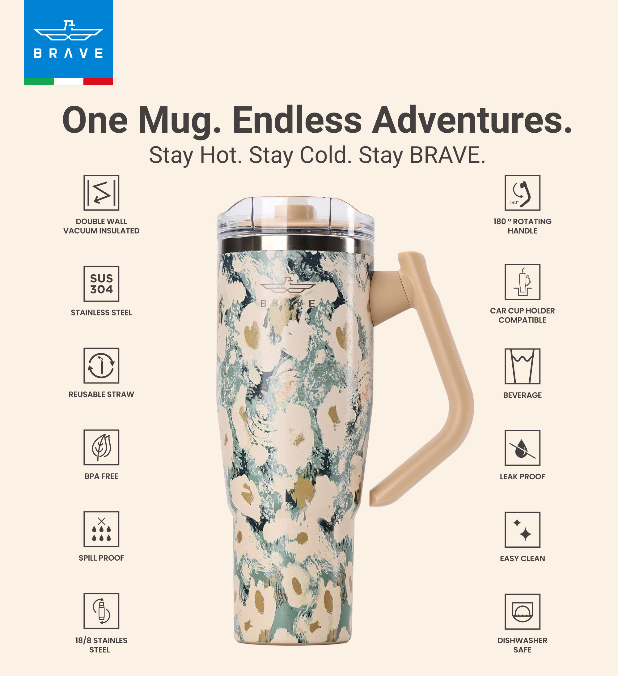 Brave Temp Guard Vacuum Insulated Travel Mug – 180° Rotating Handle, 24H Cold & 12H Hot Retention, Leak-Proof Lid, 1200ml - Yellow Rose