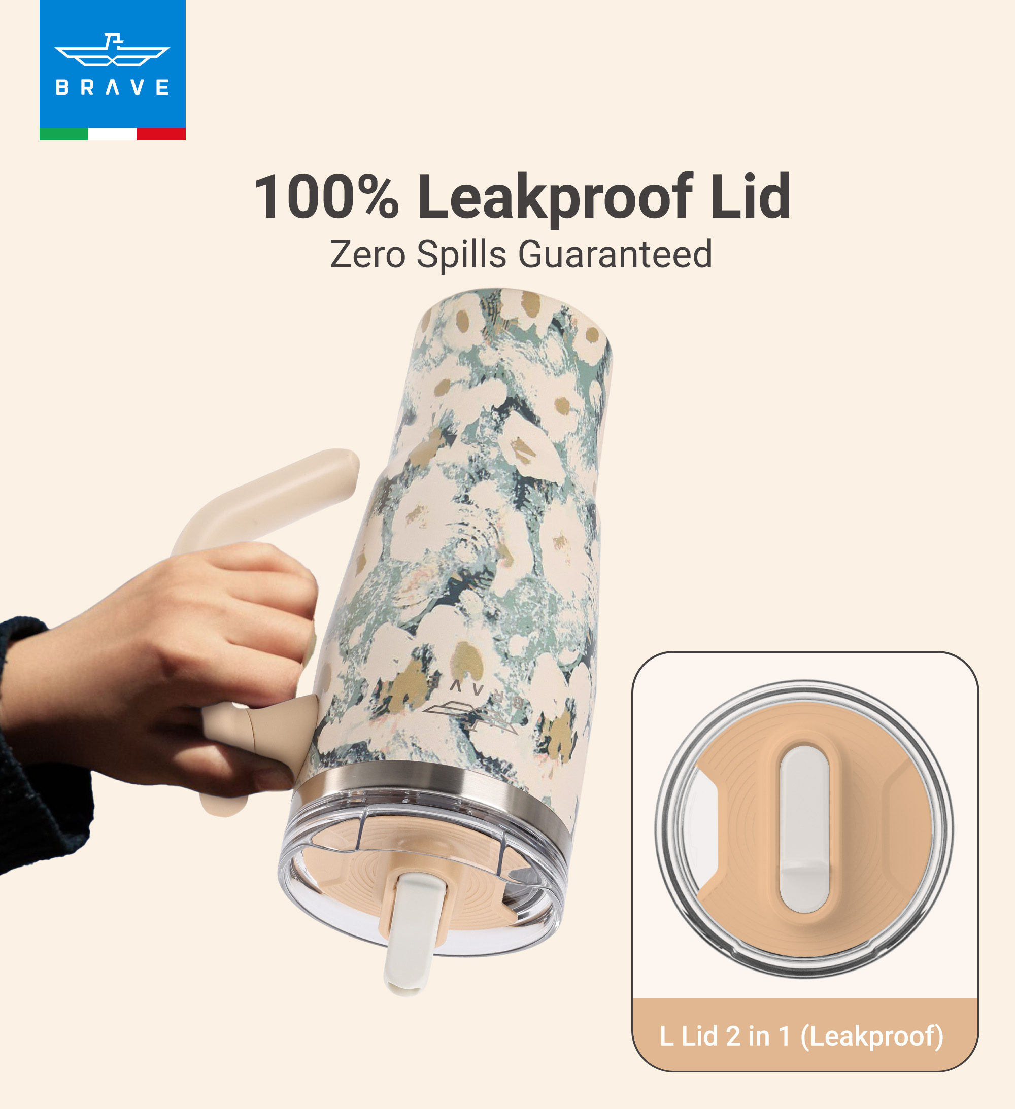 Brave Temp Guard Vacuum Insulated Travel Mug – 180° Rotating Handle, 24H Cold & 12H Hot Retention, Leak-Proof Lid, 1200ml - Yellow Rose