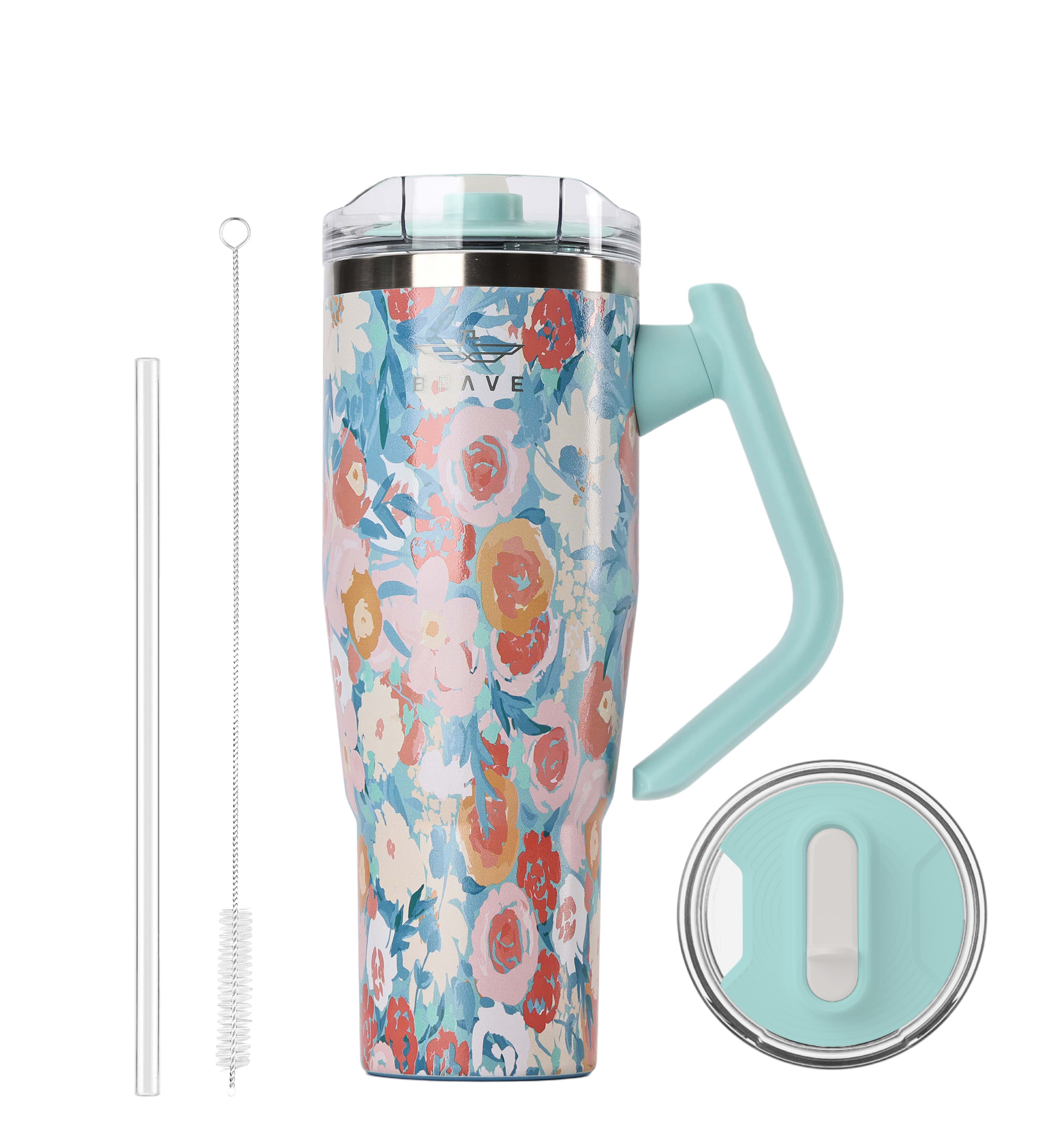 Brave Temp Guard Vacuum Insulated Travel Mug – 180° Rotating Handle, 24H Cold & 12H Hot Retention, Leak-Proof Lid, 1200ml - Green Rose