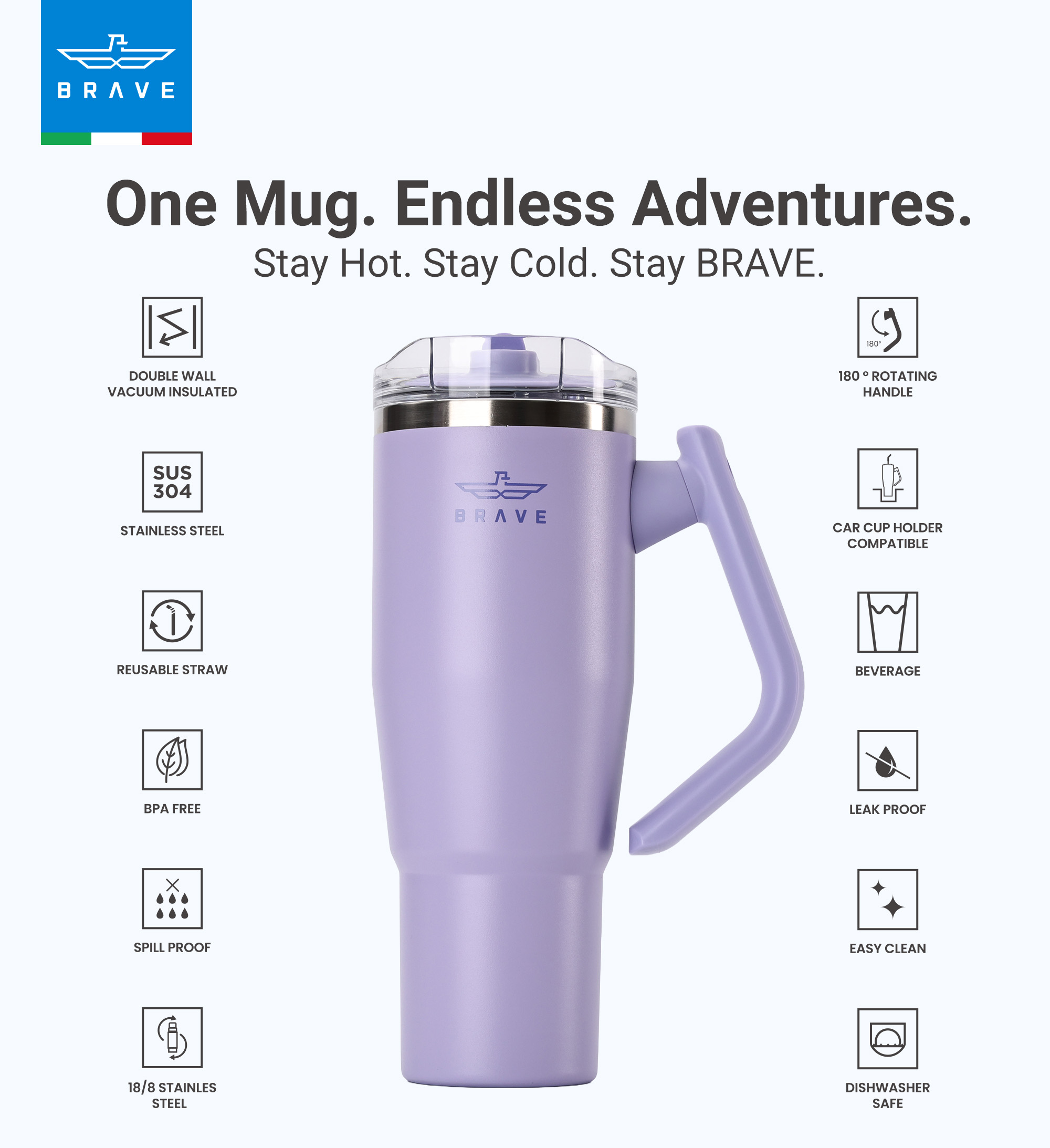 Brave Temp Guard Vacuum Insulated Travel Mug – 180° Rotating Handle, 24H Cold & 12H Hot Retention, Leak-Proof Lid, 1200ml - Lilac