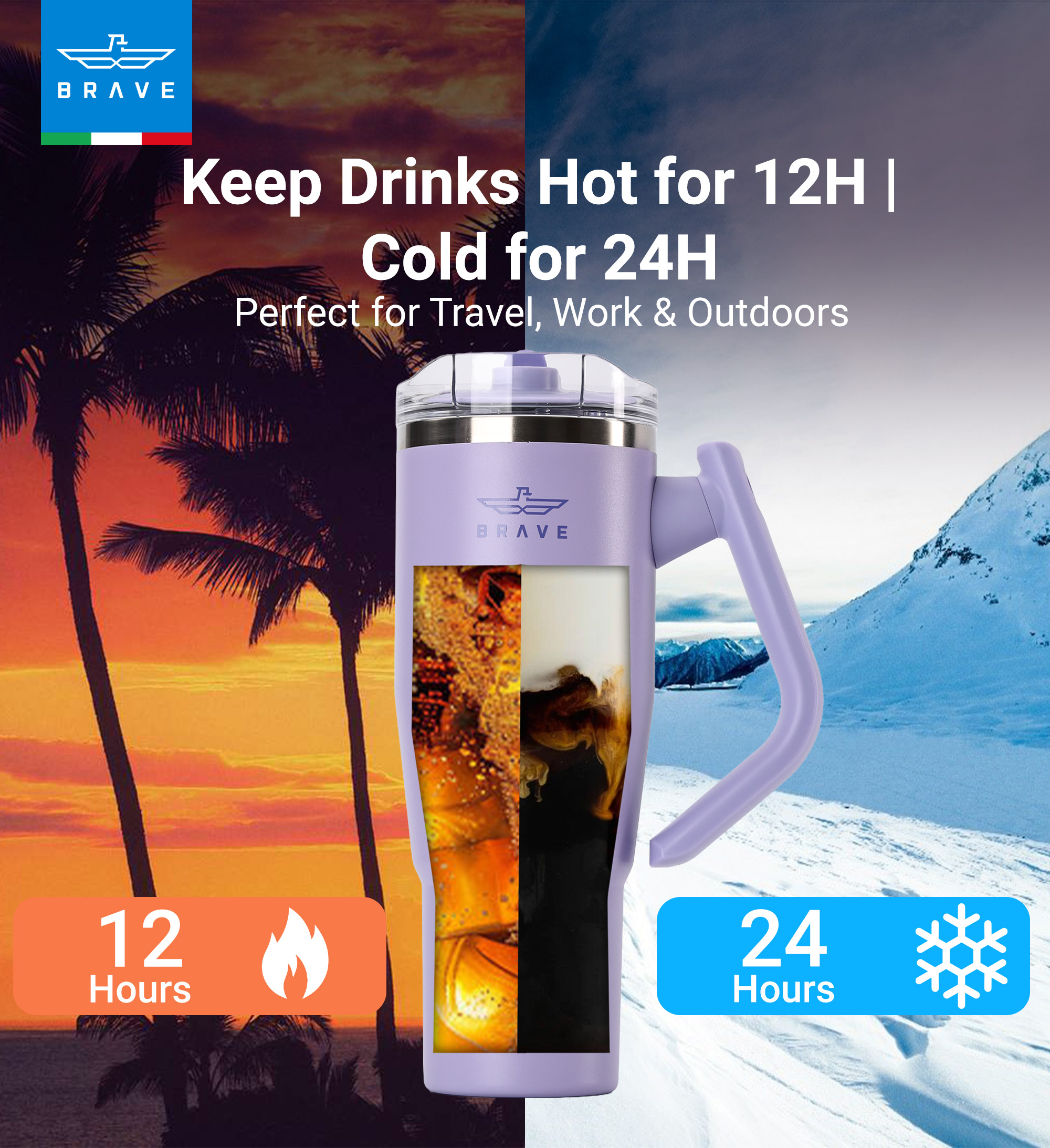 Brave Temp Guard Vacuum Insulated Travel Mug – 180° Rotating Handle, 24H Cold & 12H Hot Retention, Leak-Proof Lid, 1200ml - Lilac