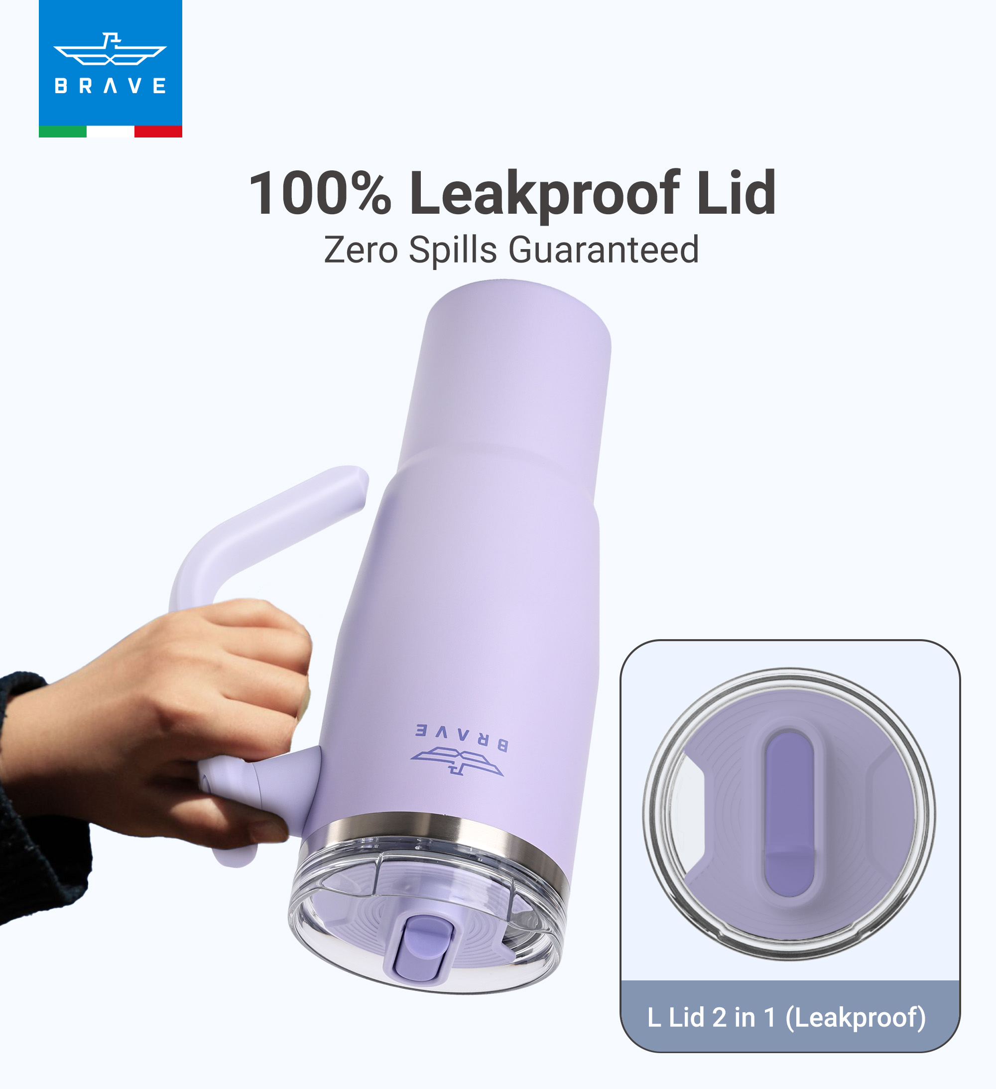 Brave Temp Guard Vacuum Insulated Travel Mug – 180° Rotating Handle, 24H Cold & 12H Hot Retention, Leak-Proof Lid, 1200ml - Lilac