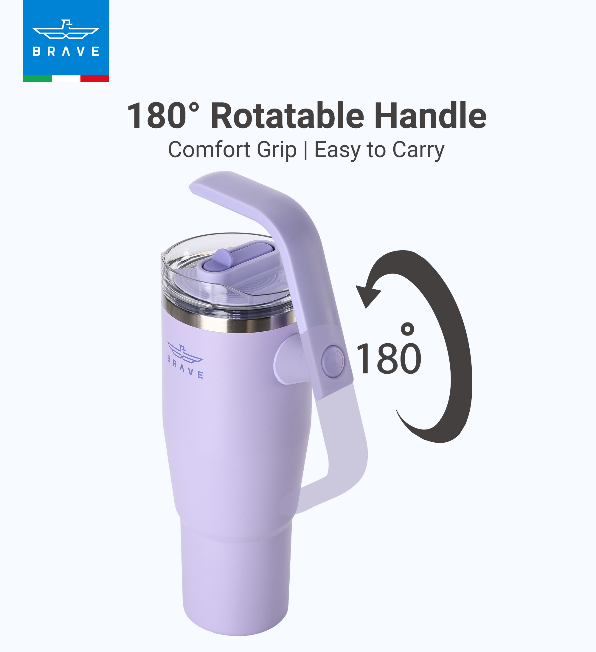 Brave Temp Guard Vacuum Insulated Travel Mug – 180° Rotating Handle, 24H Cold & 12H Hot Retention, Leak-Proof Lid, 1200ml - Lilac