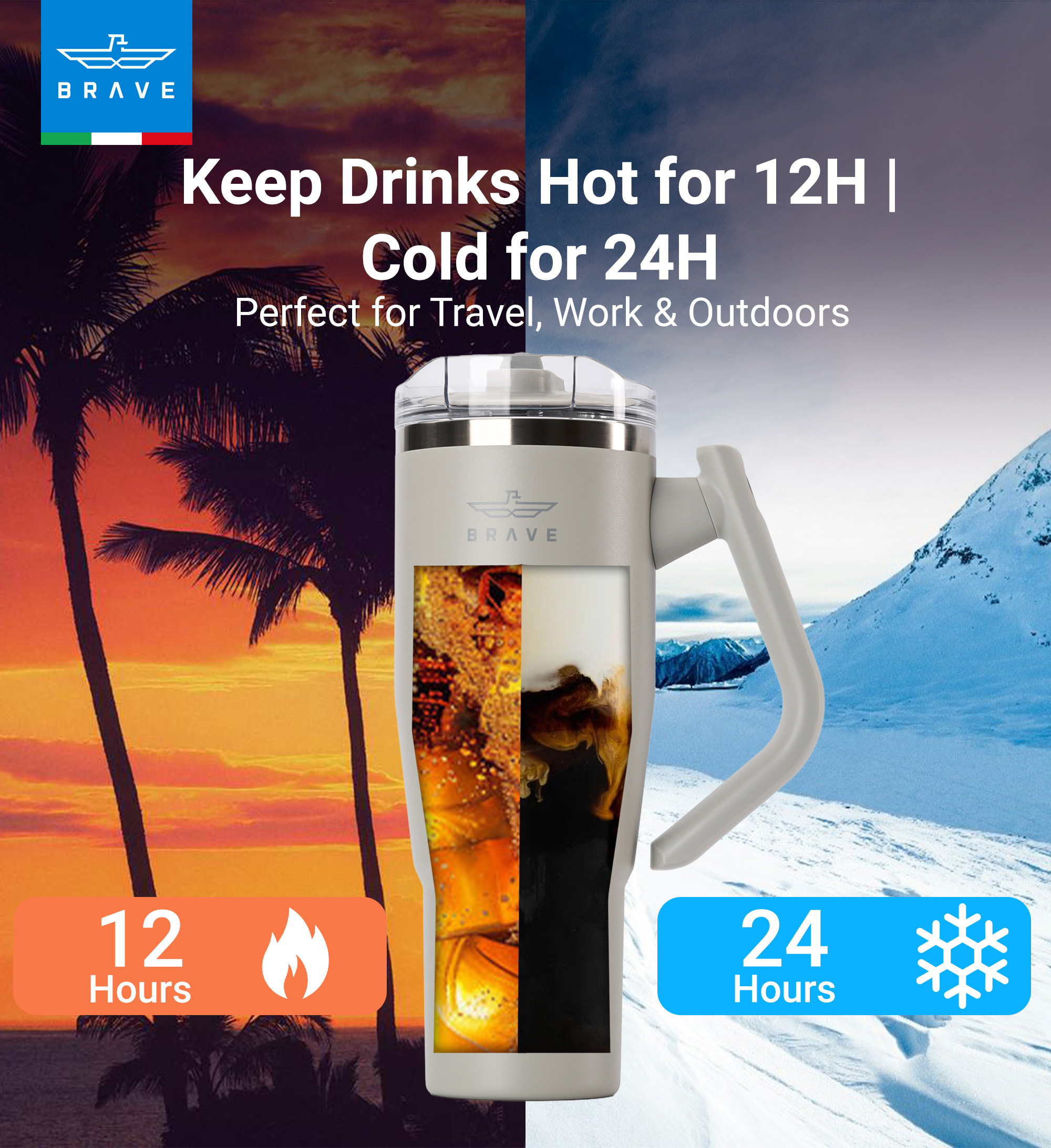 Brave Temp Guard Vacuum Insulated Travel Mug – 180° Rotating Handle, 24H Cold & 12H Hot Retention, Leak-Proof Lid, 1200ml - Light Grey