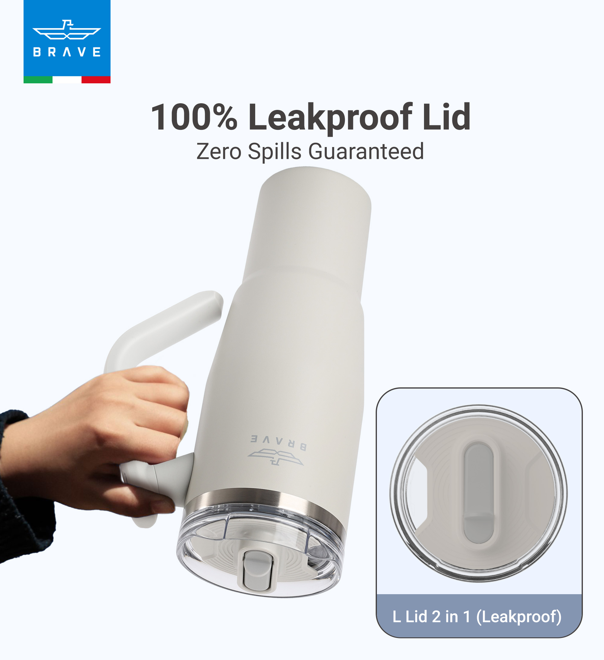 Brave Temp Guard Vacuum Insulated Travel Mug – 180° Rotating Handle, 24H Cold & 12H Hot Retention, Leak-Proof Lid, 1200ml - Light Grey