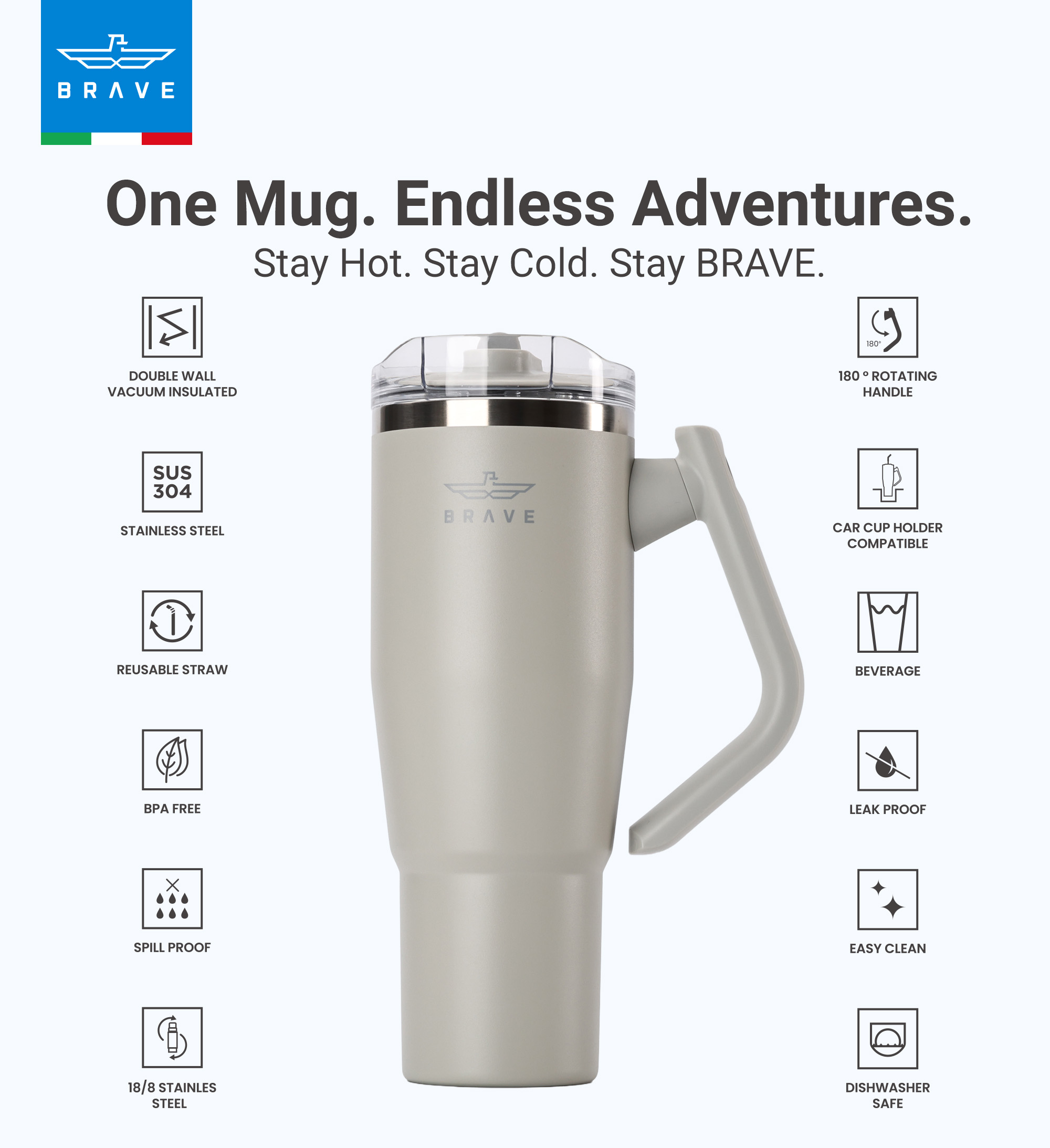 Brave Temp Guard Vacuum Insulated Travel Mug – 180° Rotating Handle, 24H Cold & 12H Hot Retention, Leak-Proof Lid, 1200ml - Light Grey