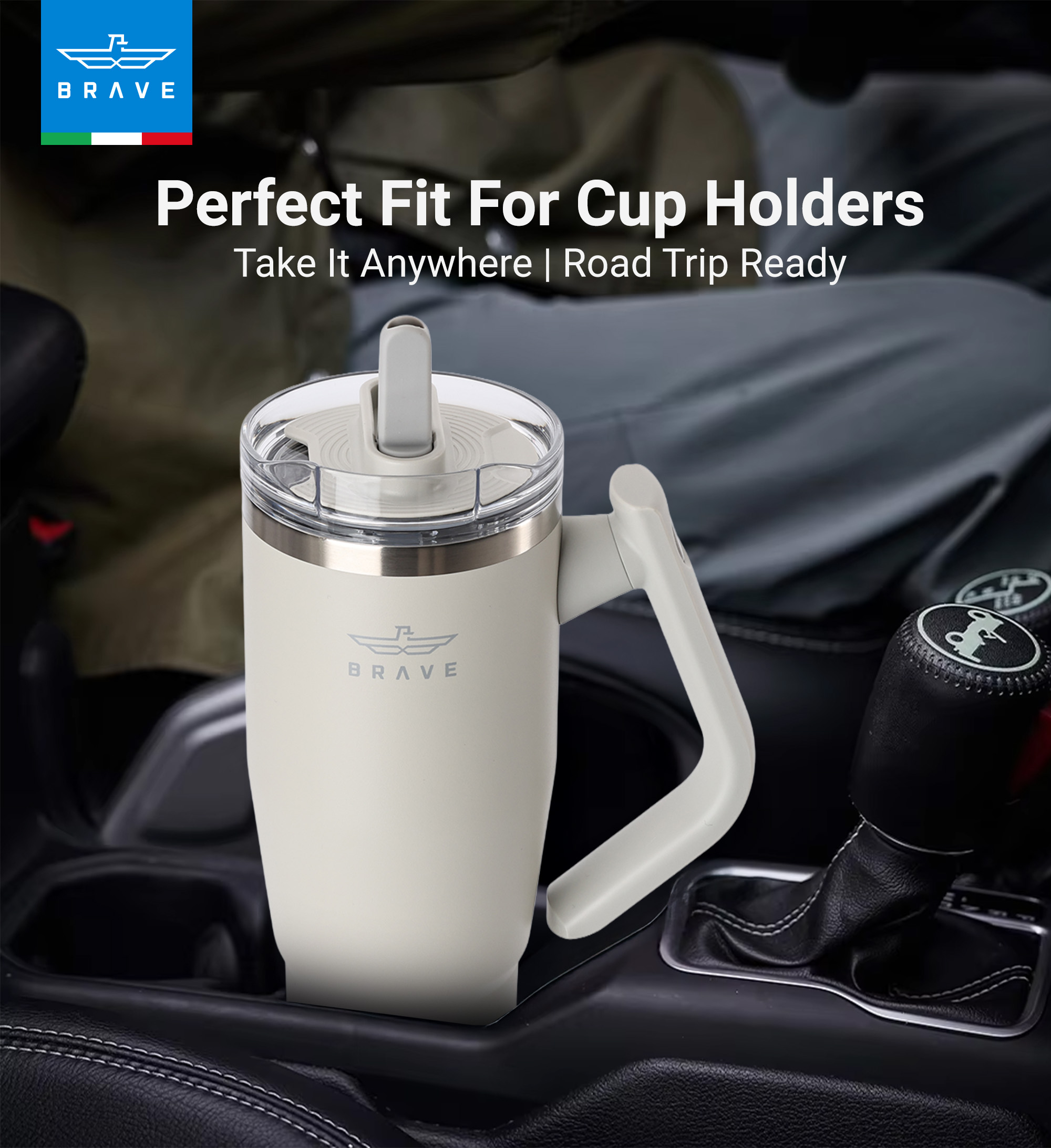 Brave Temp Guard Vacuum Insulated Travel Mug – 180° Rotating Handle, 24H Cold & 12H Hot Retention, Leak-Proof Lid, 1200ml - Light Grey