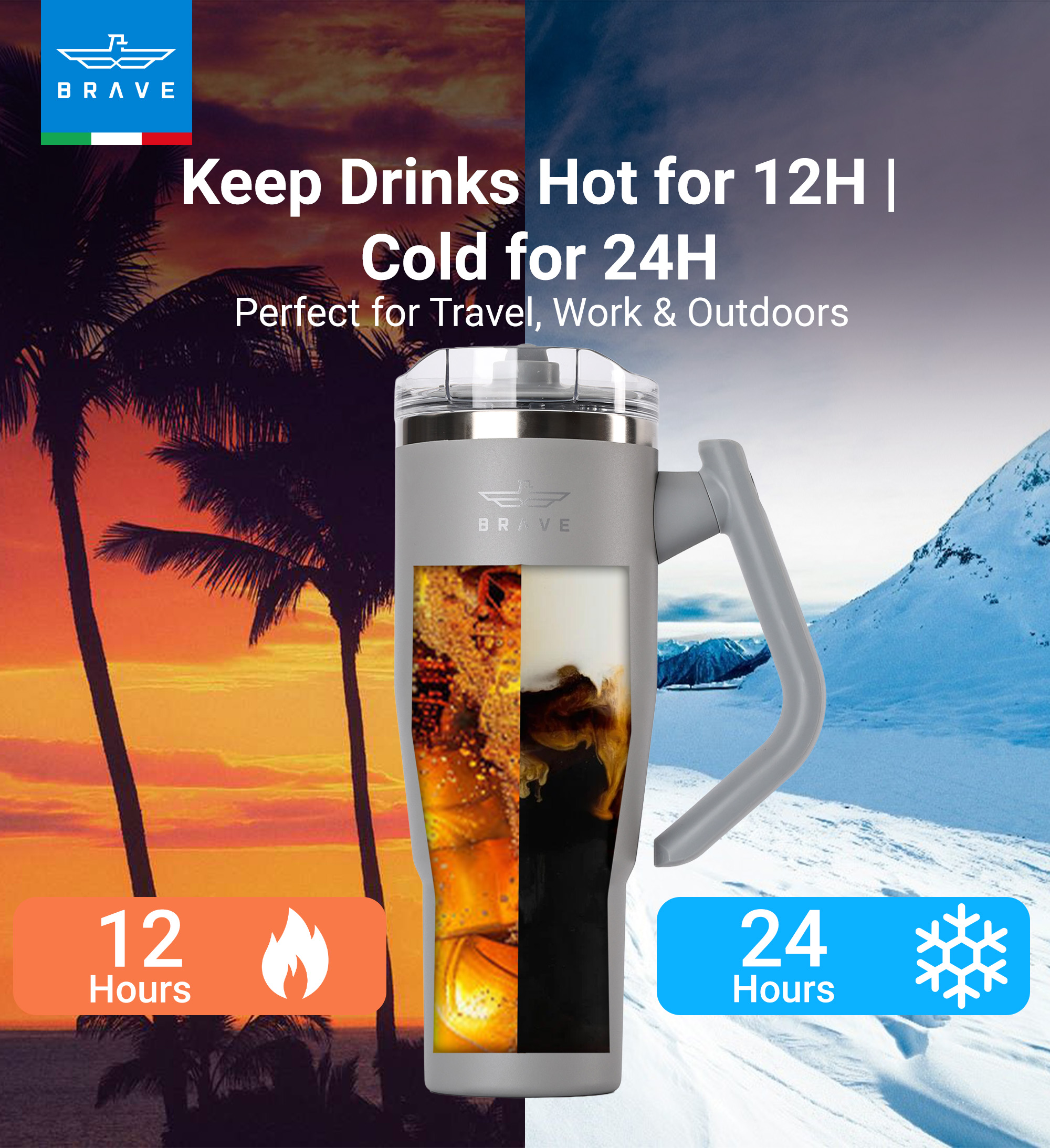 Brave Temp Guard Vacuum Insulated Travel Mug – 180° Rotating Handle, 24H Cold & 12H Hot Retention, Leak-Proof Lid, 1200ml - Dark Grey