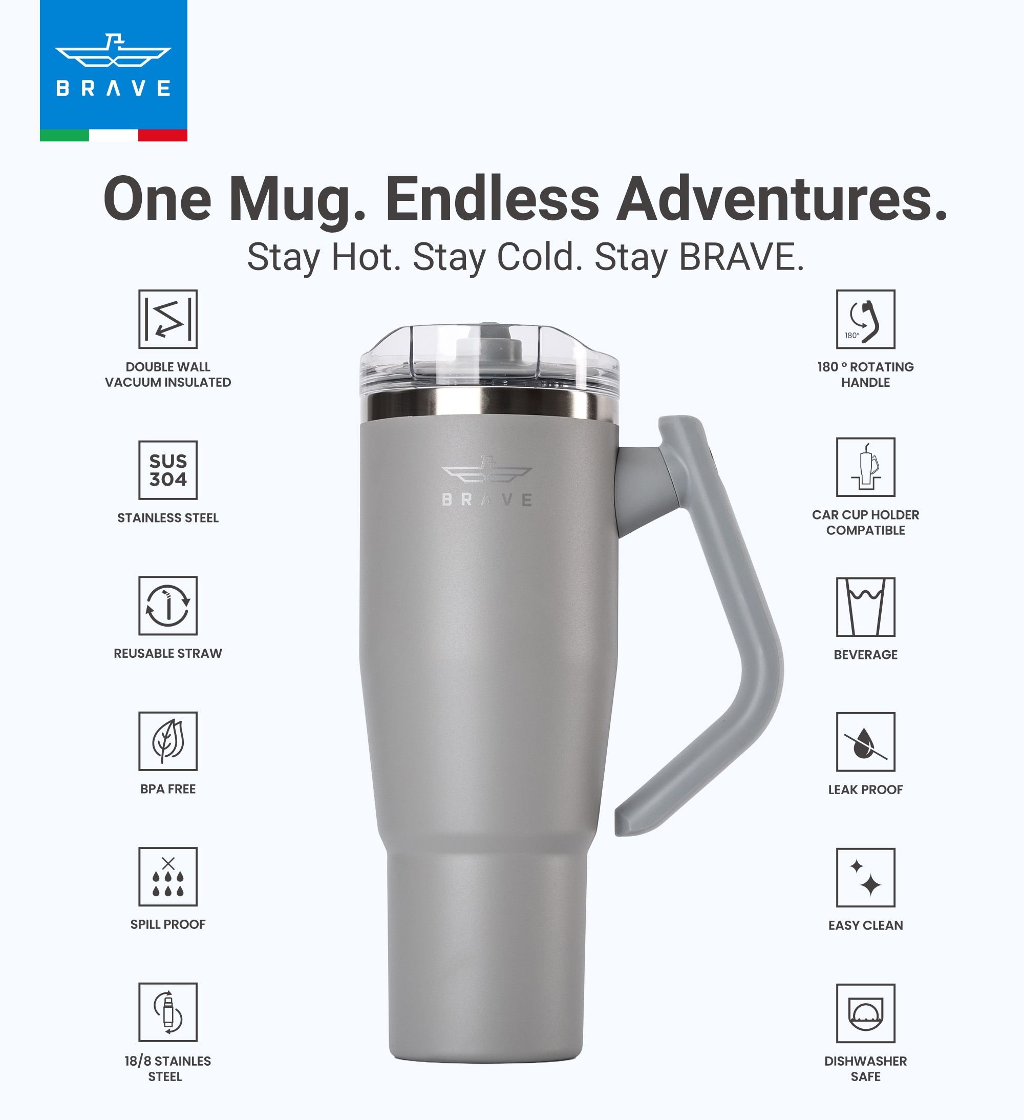 Brave Temp Guard Vacuum Insulated Travel Mug – 180° Rotating Handle, 24H Cold & 12H Hot Retention, Leak-Proof Lid, 1200ml - Dark Grey