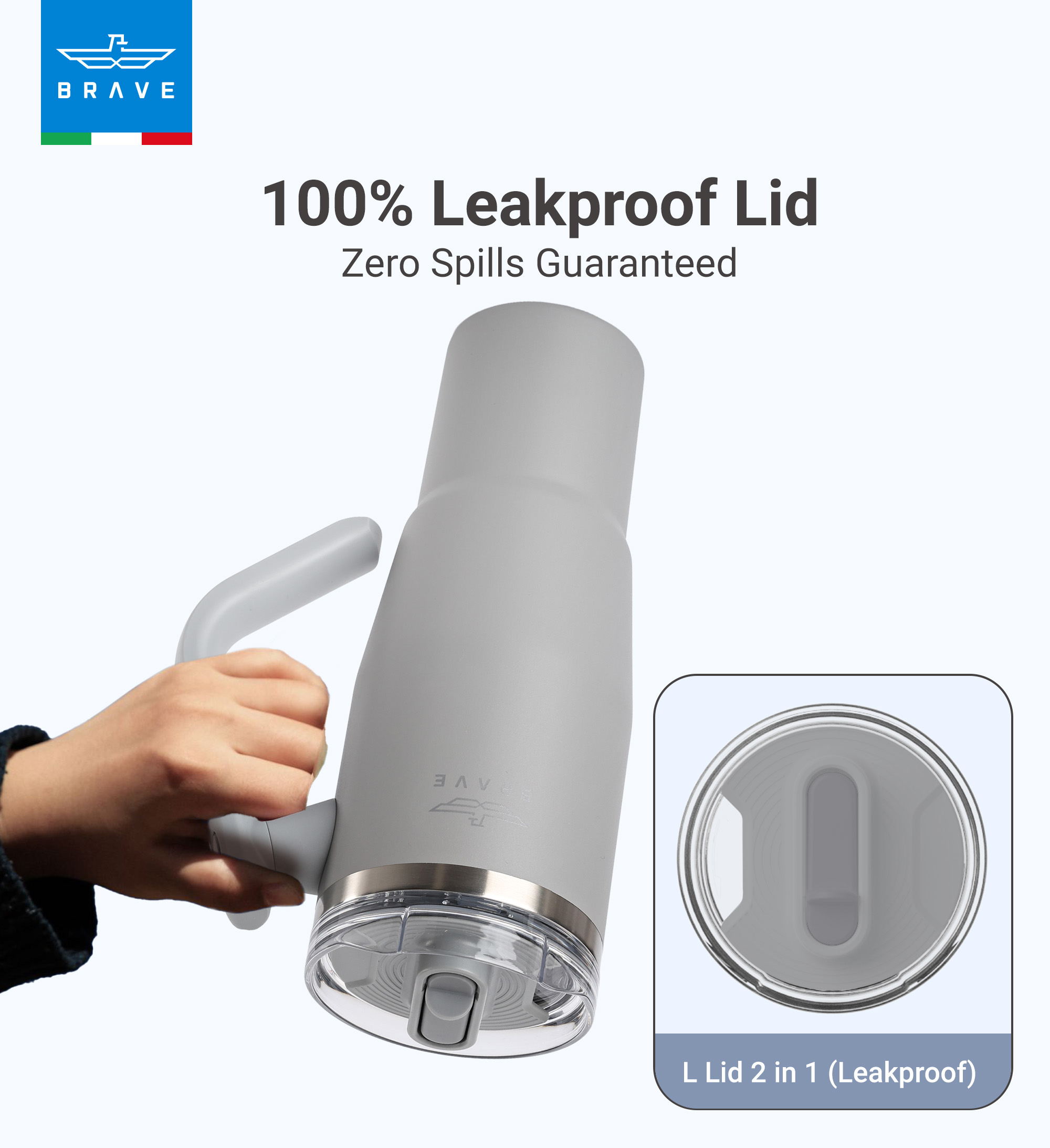 Brave Temp Guard Vacuum Insulated Travel Mug – 180° Rotating Handle, 24H Cold & 12H Hot Retention, Leak-Proof Lid, 1200ml - Dark Grey