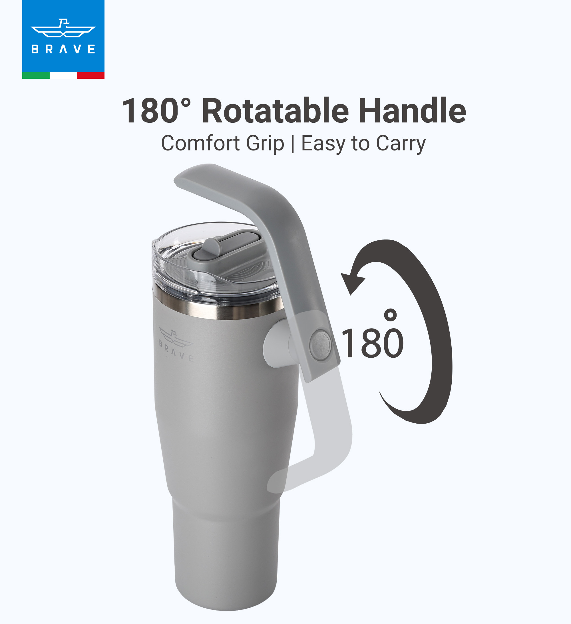 Brave Temp Guard Vacuum Insulated Travel Mug – 180° Rotating Handle, 24H Cold & 12H Hot Retention, Leak-Proof Lid, 1200ml - Dark Grey