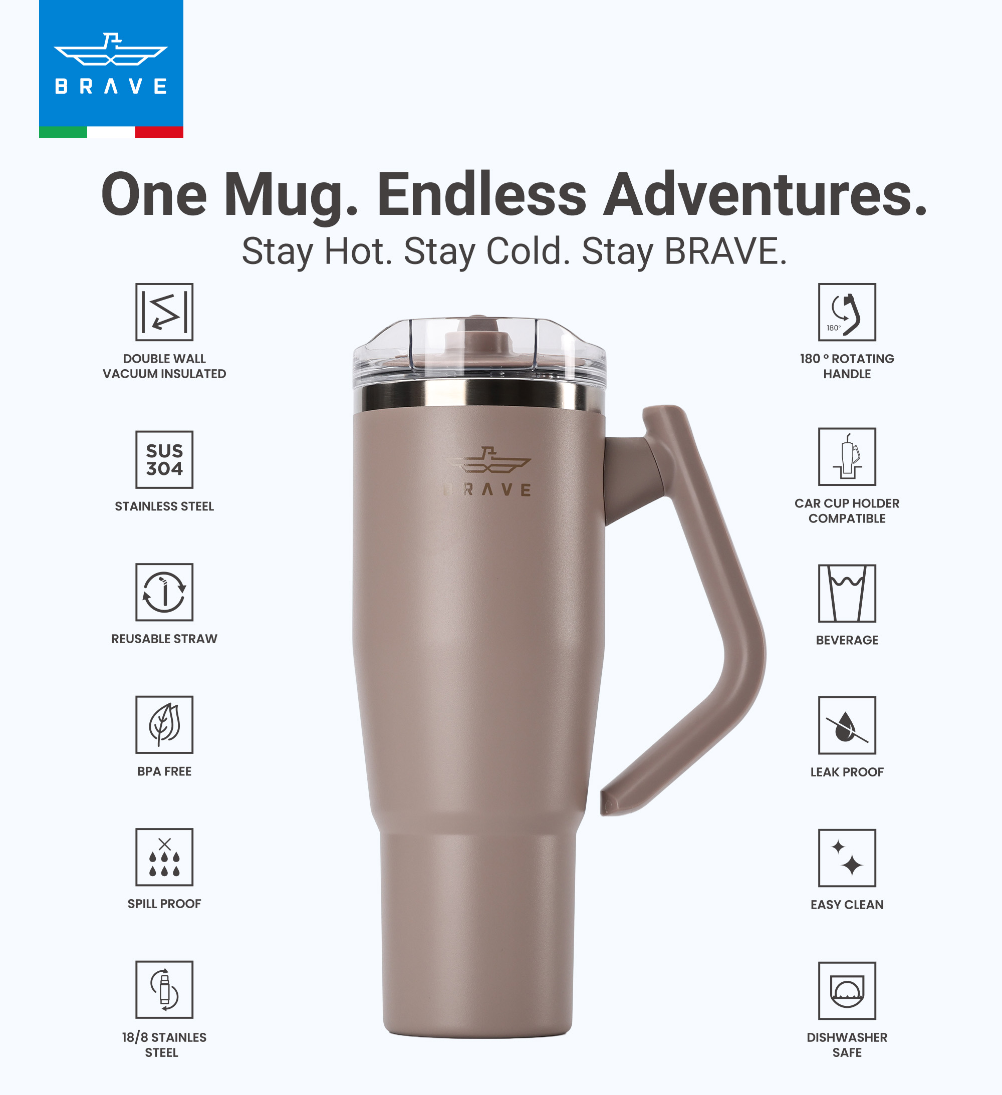 Brave Temp Guard Vacuum Insulated Travel Mug – 180° Rotating Handle, 24H Cold & 12H Hot Retention, Leak-Proof Lid, 1200ml - Dark Coffee