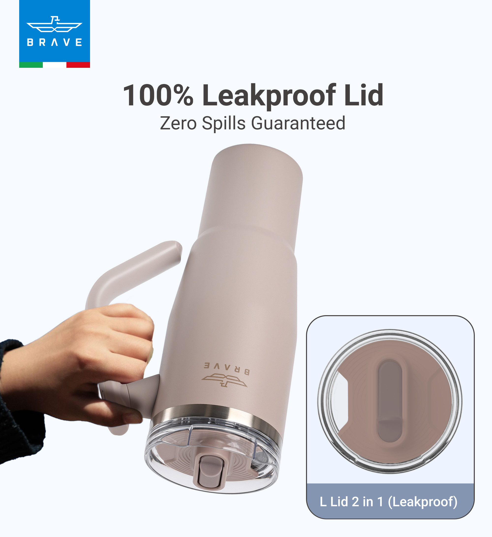 Brave Temp Guard Vacuum Insulated Travel Mug – 180° Rotating Handle, 24H Cold & 12H Hot Retention, Leak-Proof Lid, 1200ml - Dark Coffee