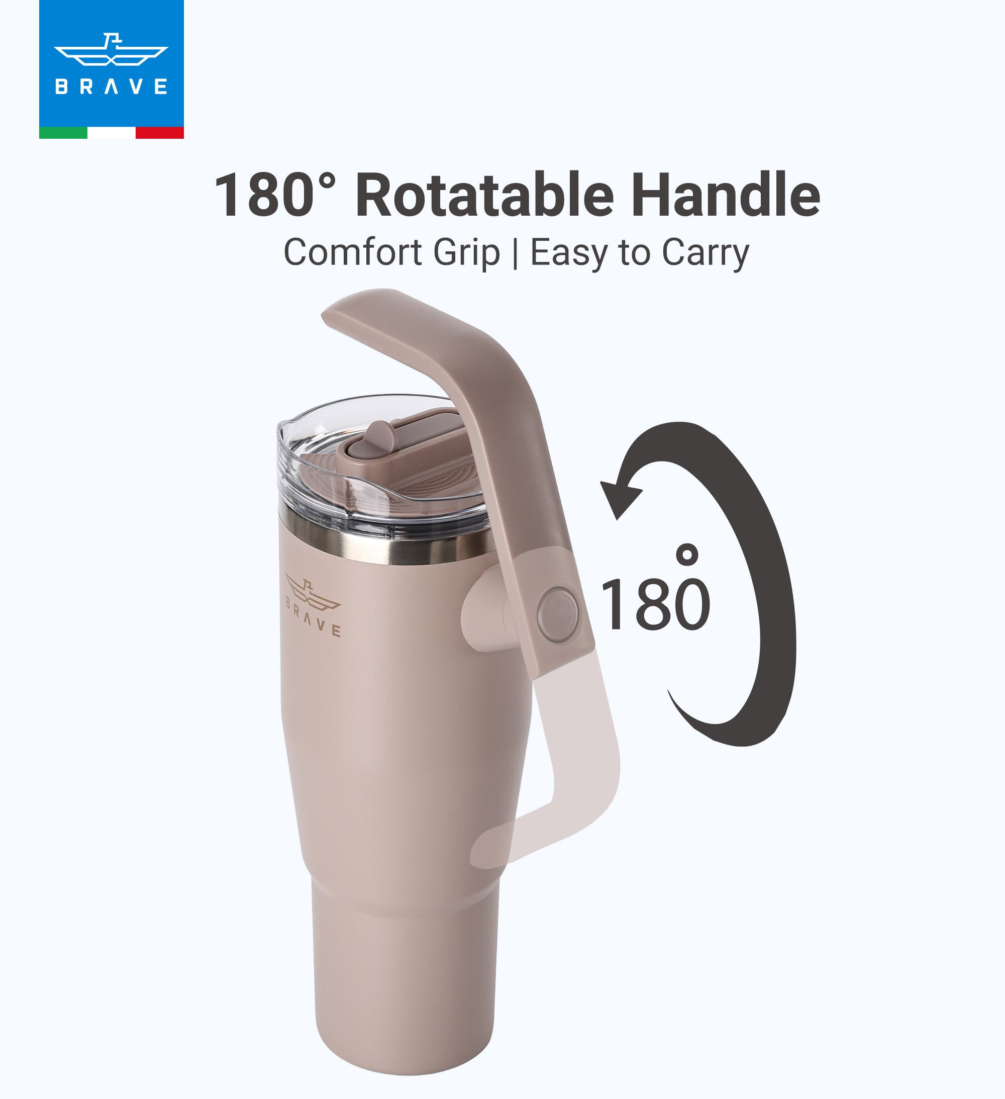 Brave Temp Guard Vacuum Insulated Travel Mug – 180° Rotating Handle, 24H Cold & 12H Hot Retention, Leak-Proof Lid, 1200ml - Dark Coffee