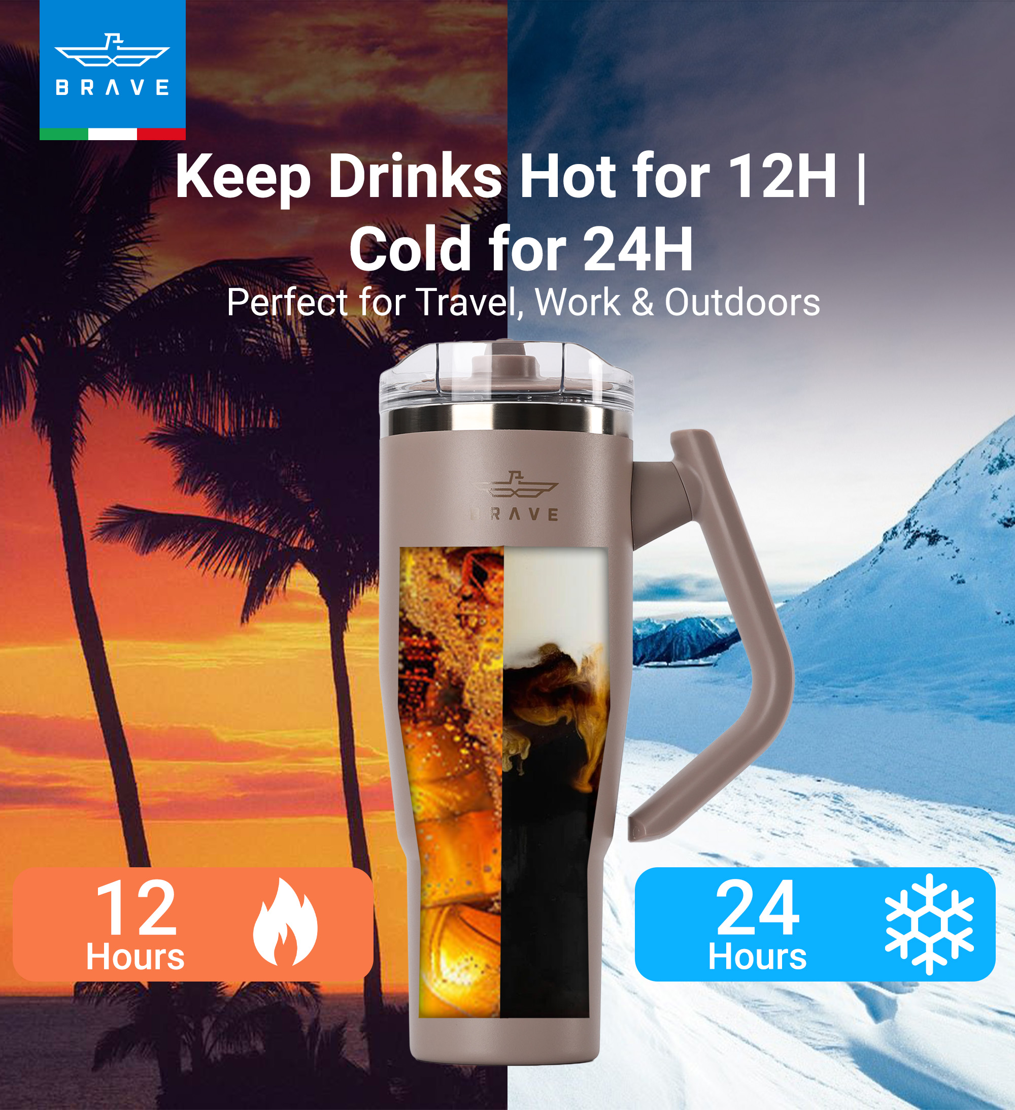 Brave Temp Guard Vacuum Insulated Travel Mug – 180° Rotating Handle, 24H Cold & 12H Hot Retention, Leak-Proof Lid, 1200ml - Dark Coffee