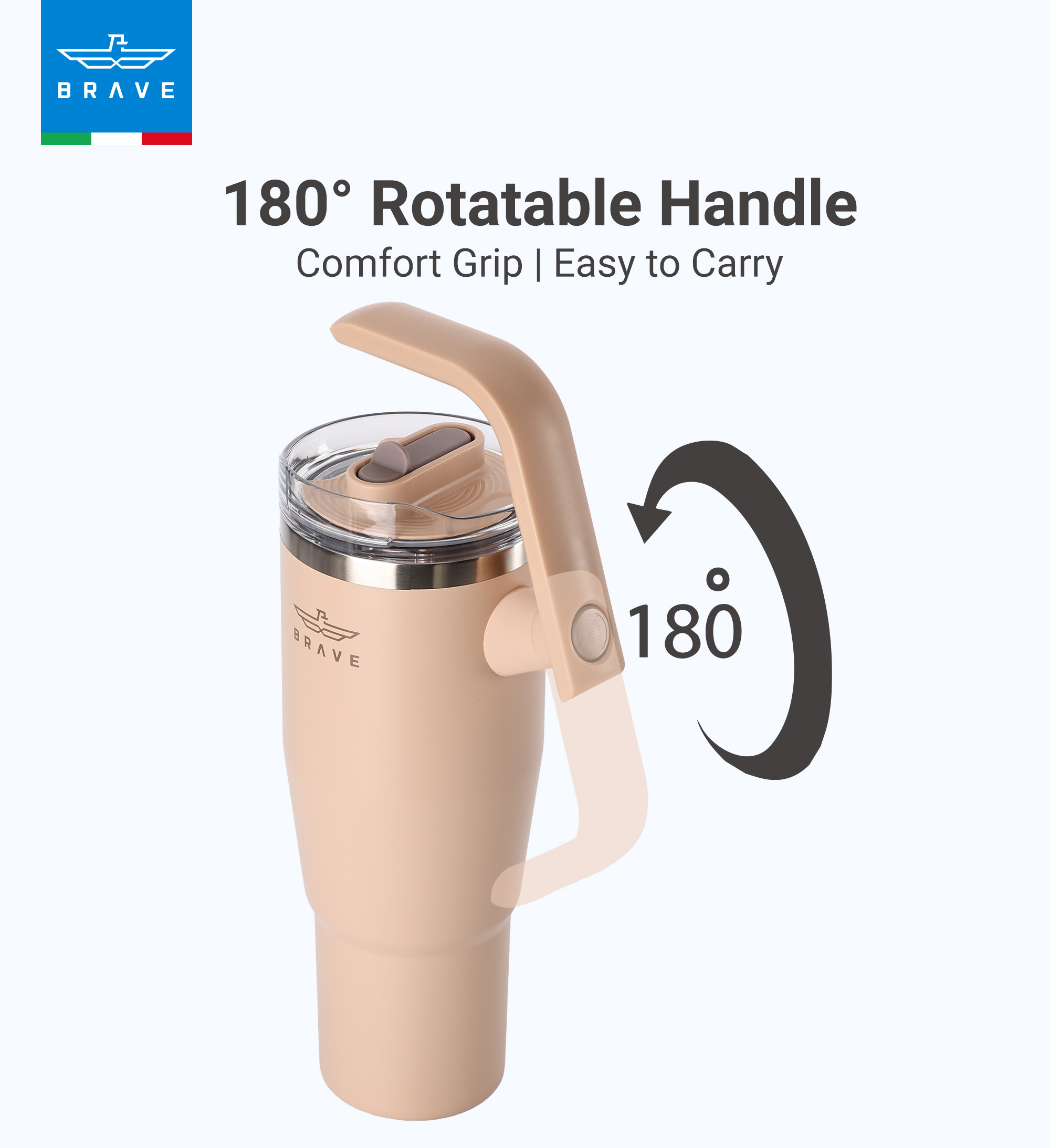 Brave Temp Guard Vacuum Insulated Travel Mug – 180° Rotating Handle, 24H Cold & 12H Hot Retention, Leak-Proof Lid, 1200ml - Brown