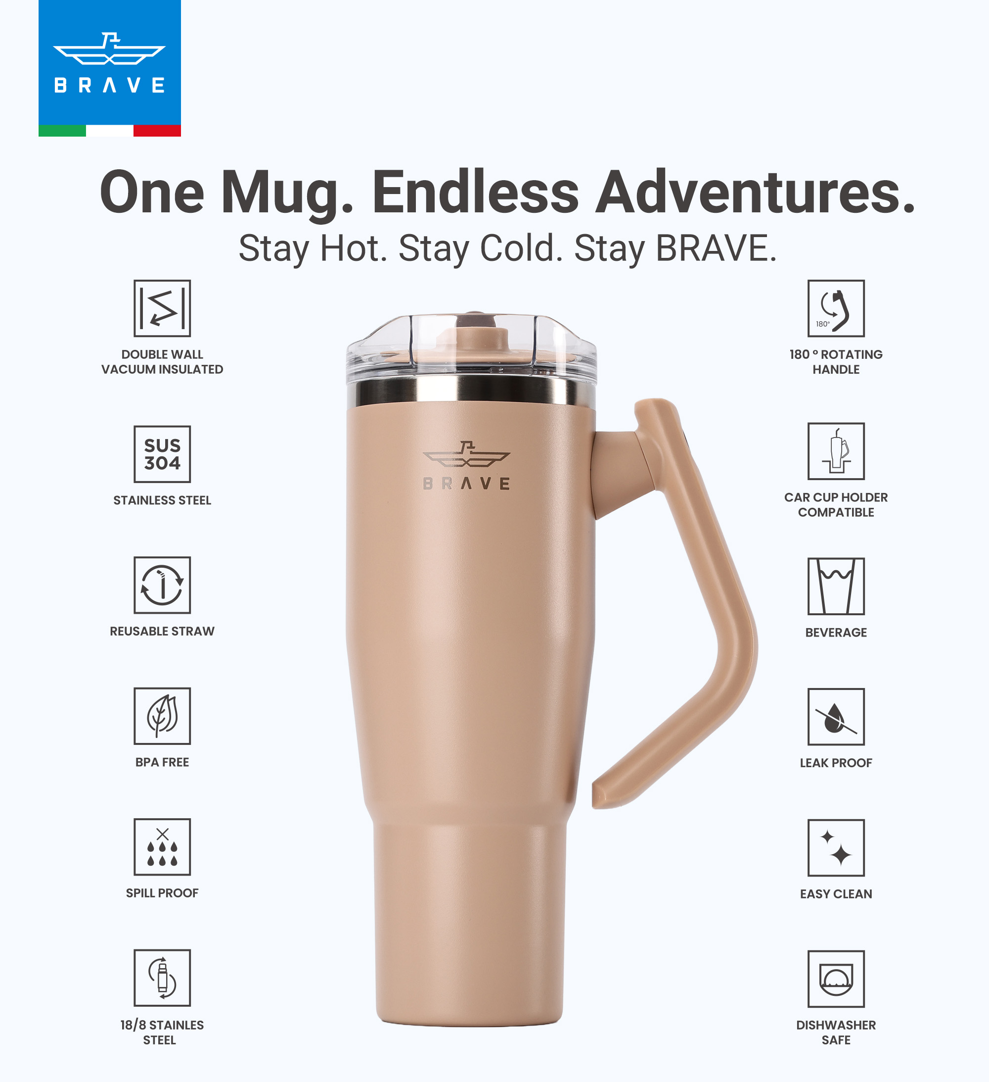 Brave Temp Guard Vacuum Insulated Travel Mug – 180° Rotating Handle, 24H Cold & 12H Hot Retention, Leak-Proof Lid, 1200ml - Brown