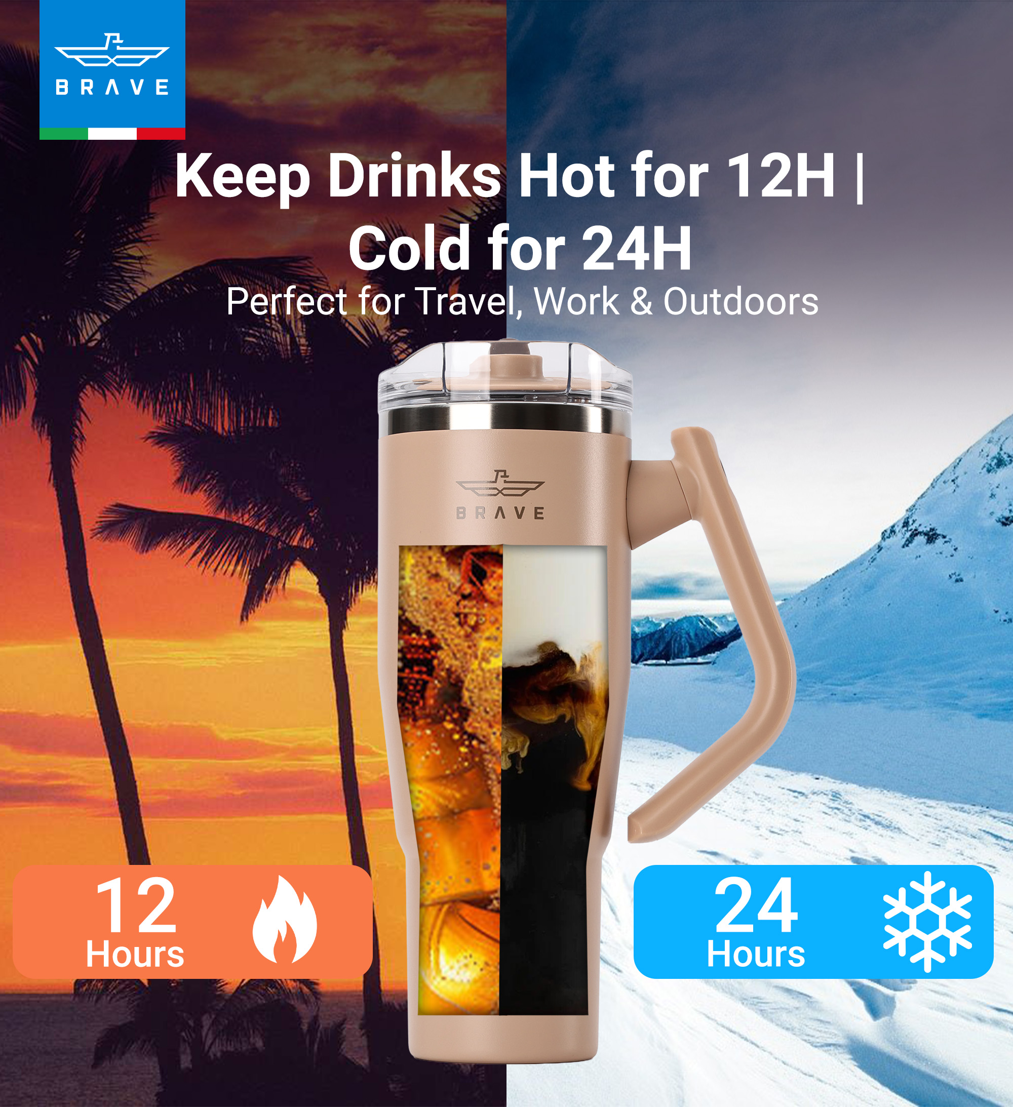 Brave Temp Guard Vacuum Insulated Travel Mug – 180° Rotating Handle, 24H Cold & 12H Hot Retention, Leak-Proof Lid, 1200ml - Brown