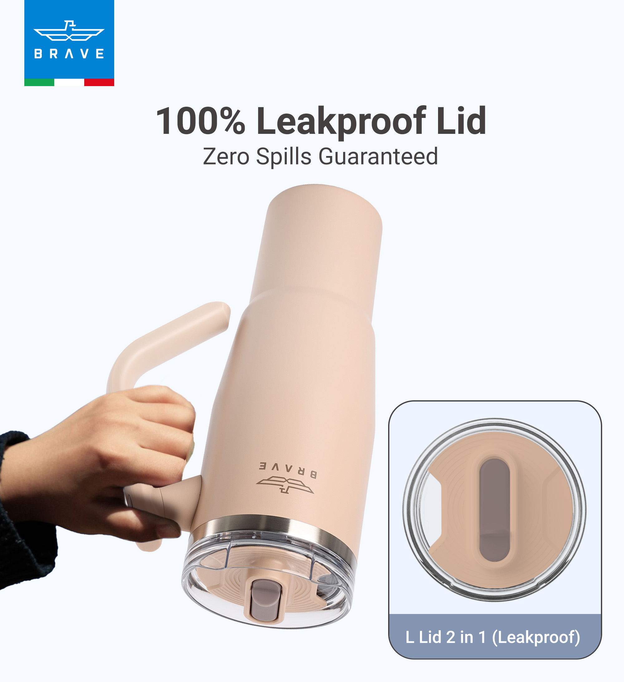 Brave Temp Guard Vacuum Insulated Travel Mug – 180° Rotating Handle, 24H Cold & 12H Hot Retention, Leak-Proof Lid, 1200ml - Brown