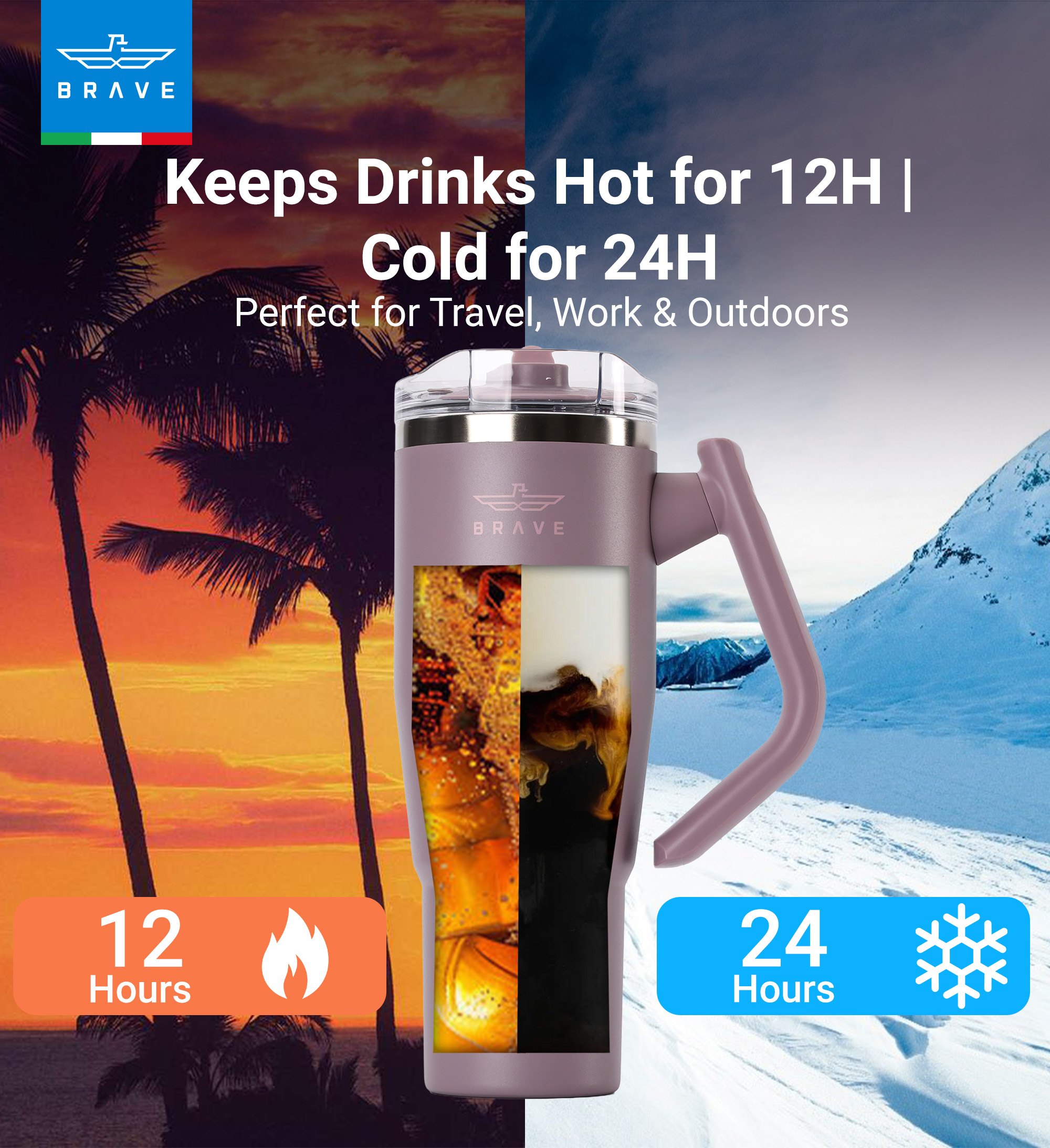 Brave Temp Guard Vacuum Insulated Travel Mug – 180° Rotating Handle, 24H Cold & 12H Hot Retention, Leak-Proof Lid, 1200ml - Purplish Red