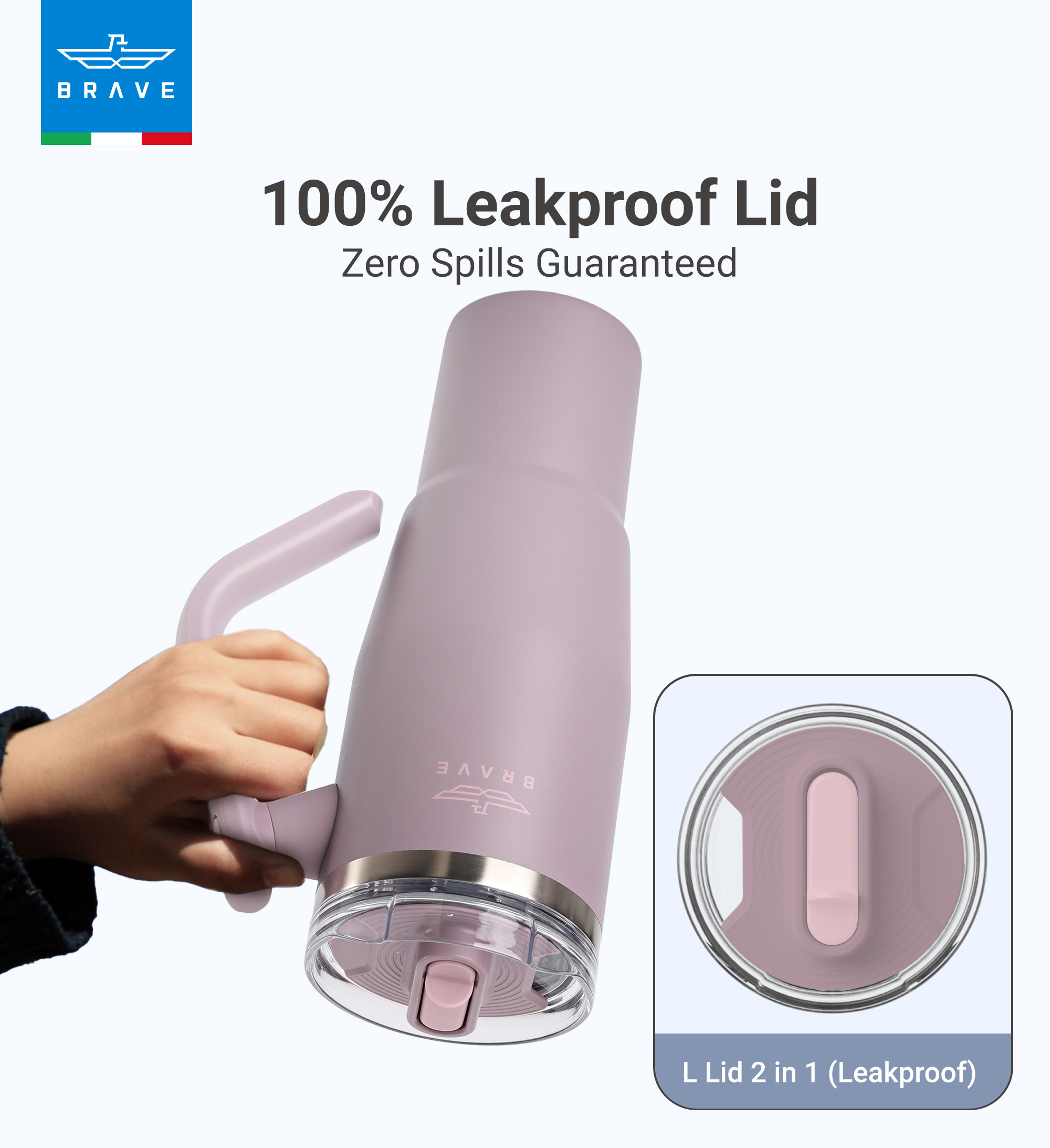 Brave Temp Guard Vacuum Insulated Travel Mug – 180° Rotating Handle, 24H Cold & 12H Hot Retention, Leak-Proof Lid, 1200ml - Purplish Red