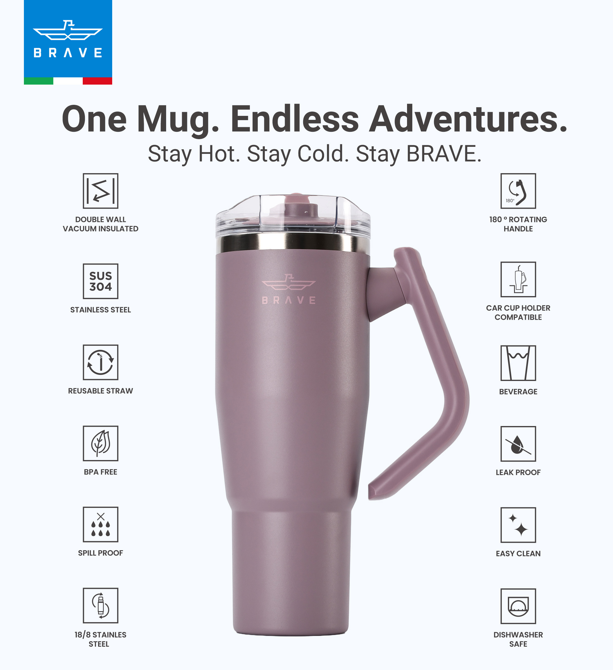 Brave Temp Guard Vacuum Insulated Travel Mug – 180° Rotating Handle, 24H Cold & 12H Hot Retention, Leak-Proof Lid, 1200ml - Purplish Red