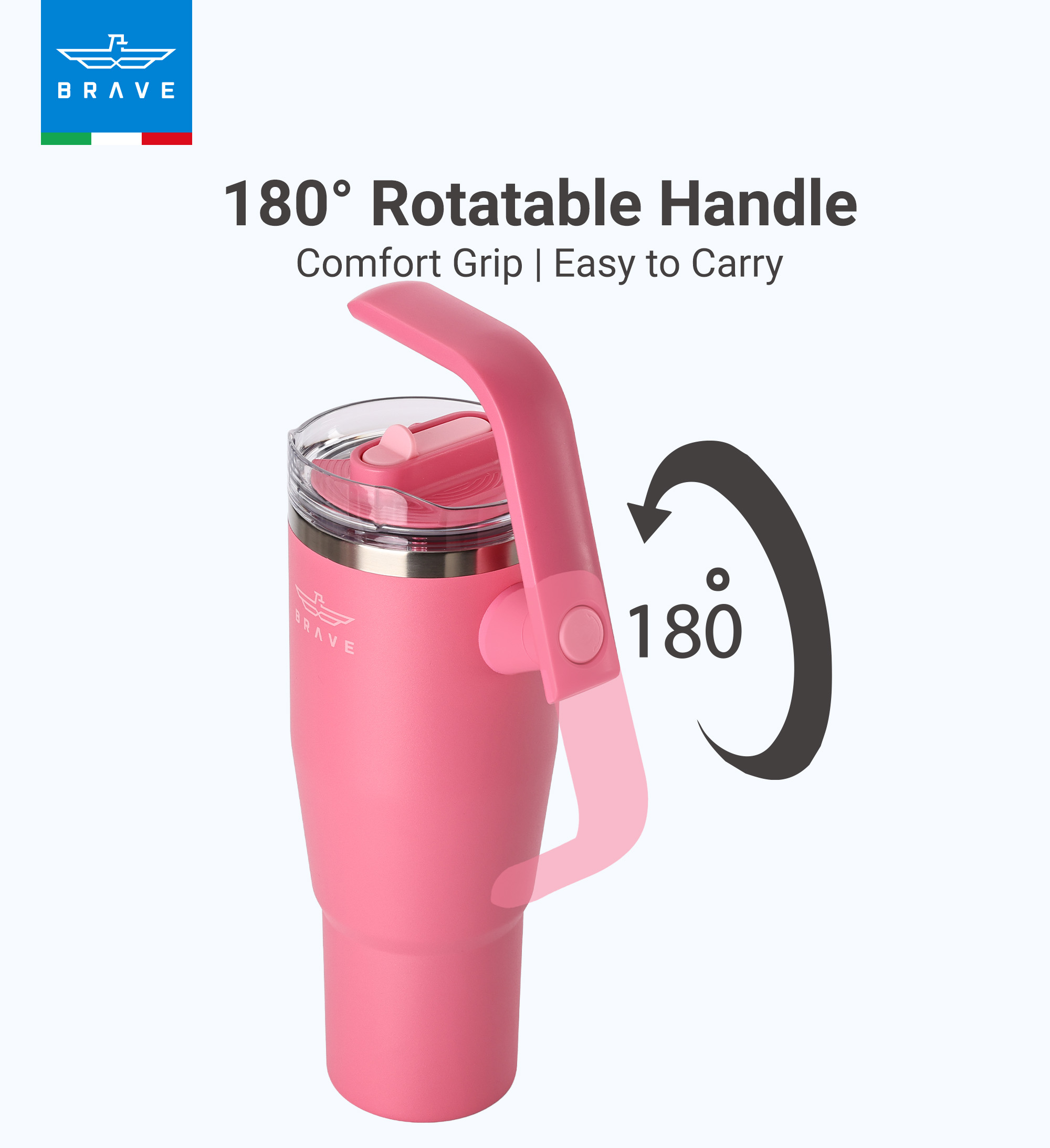 Brave Temp Guard Vacuum Insulated Travel Mug – 180° Rotating Handle, 24H Cold & 12H Hot Retention, Leak-Proof Lid, 1200ml - Rose Red