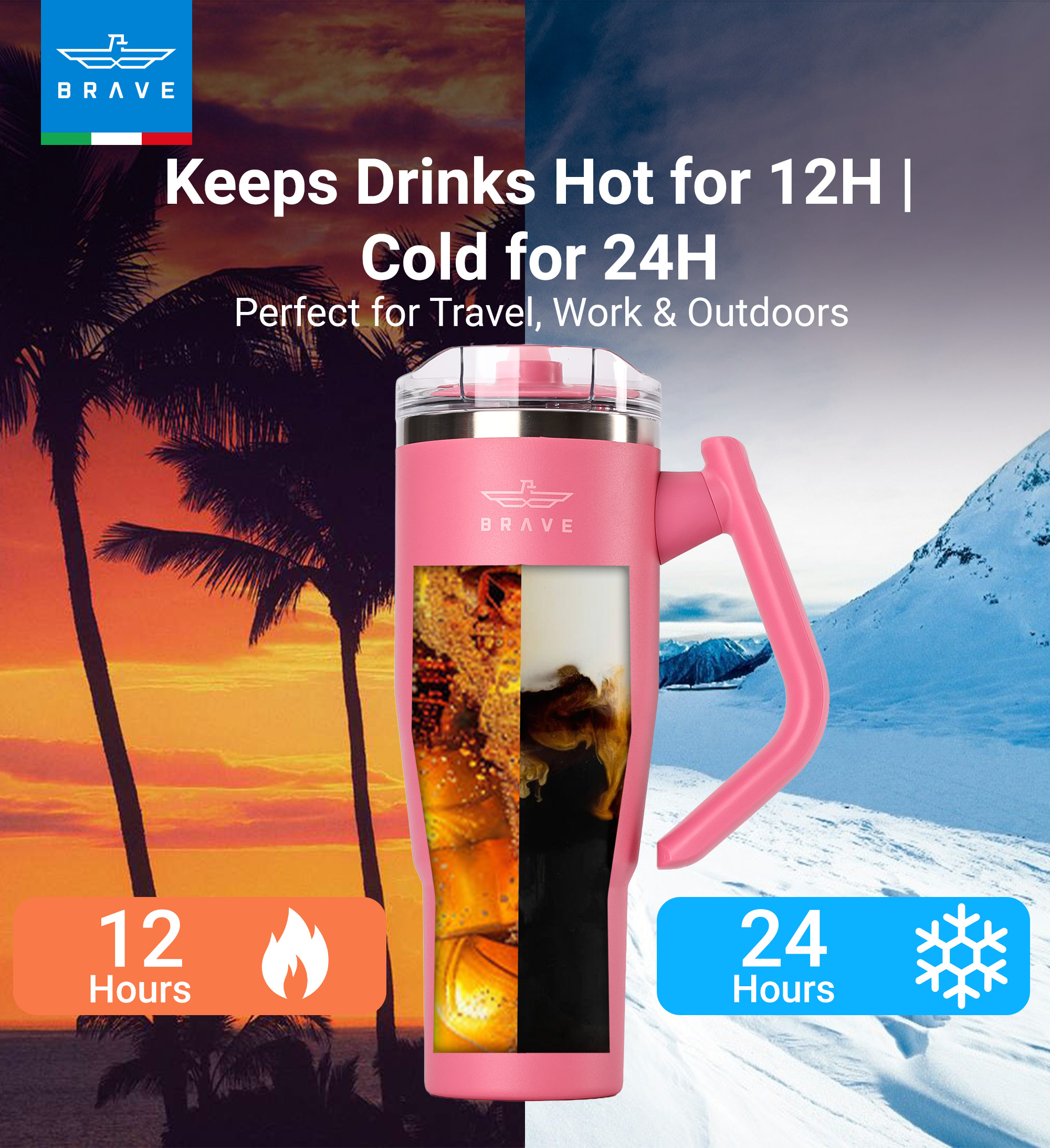 Brave Temp Guard Vacuum Insulated Travel Mug – 180° Rotating Handle, 24H Cold & 12H Hot Retention, Leak-Proof Lid, 1200ml - Rose Red