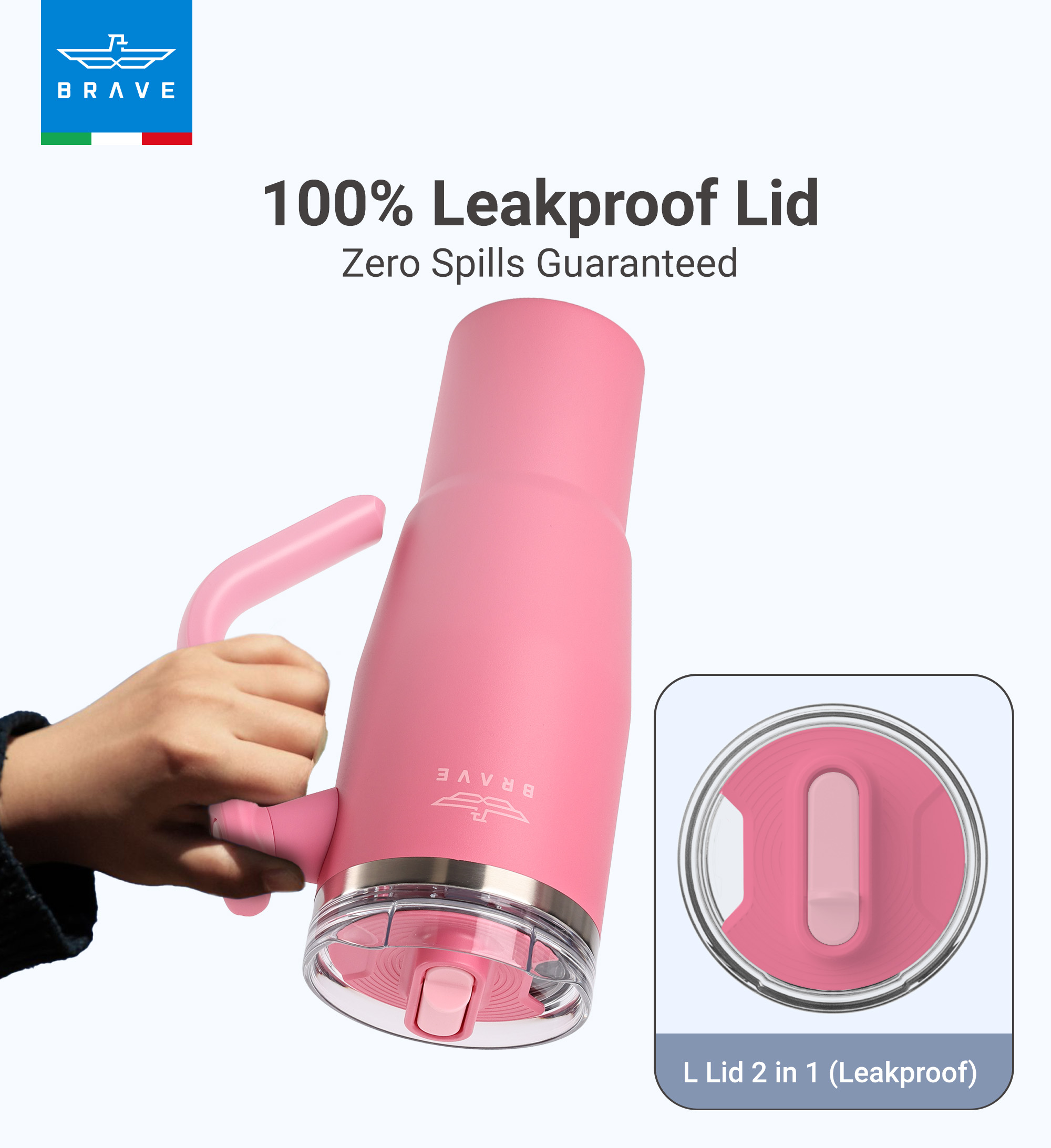 Brave Temp Guard Vacuum Insulated Travel Mug – 180° Rotating Handle, 24H Cold & 12H Hot Retention, Leak-Proof Lid, 1200ml - Rose Red