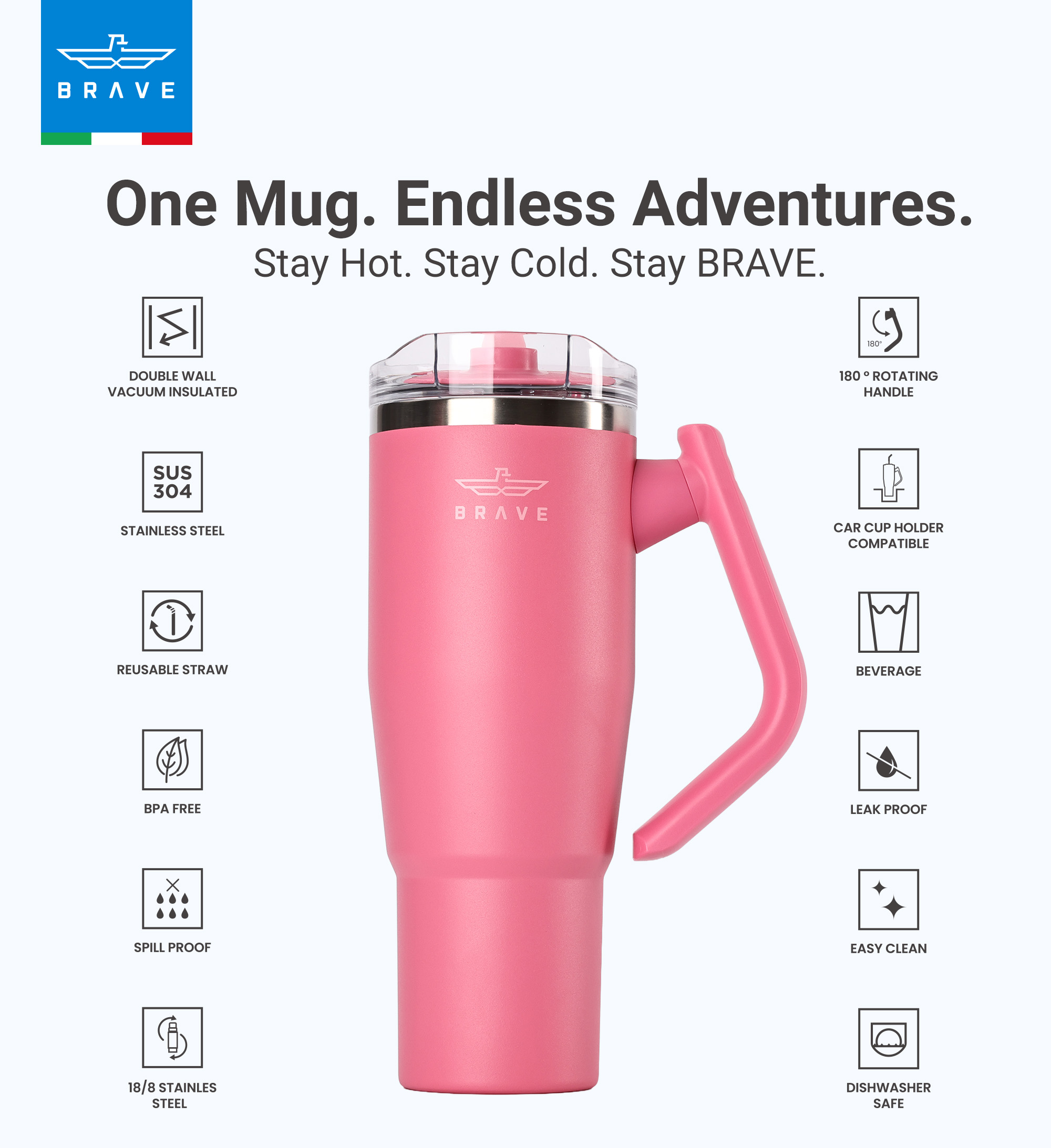 Brave Temp Guard Vacuum Insulated Travel Mug – 180° Rotating Handle, 24H Cold & 12H Hot Retention, Leak-Proof Lid, 1200ml - Rose Red