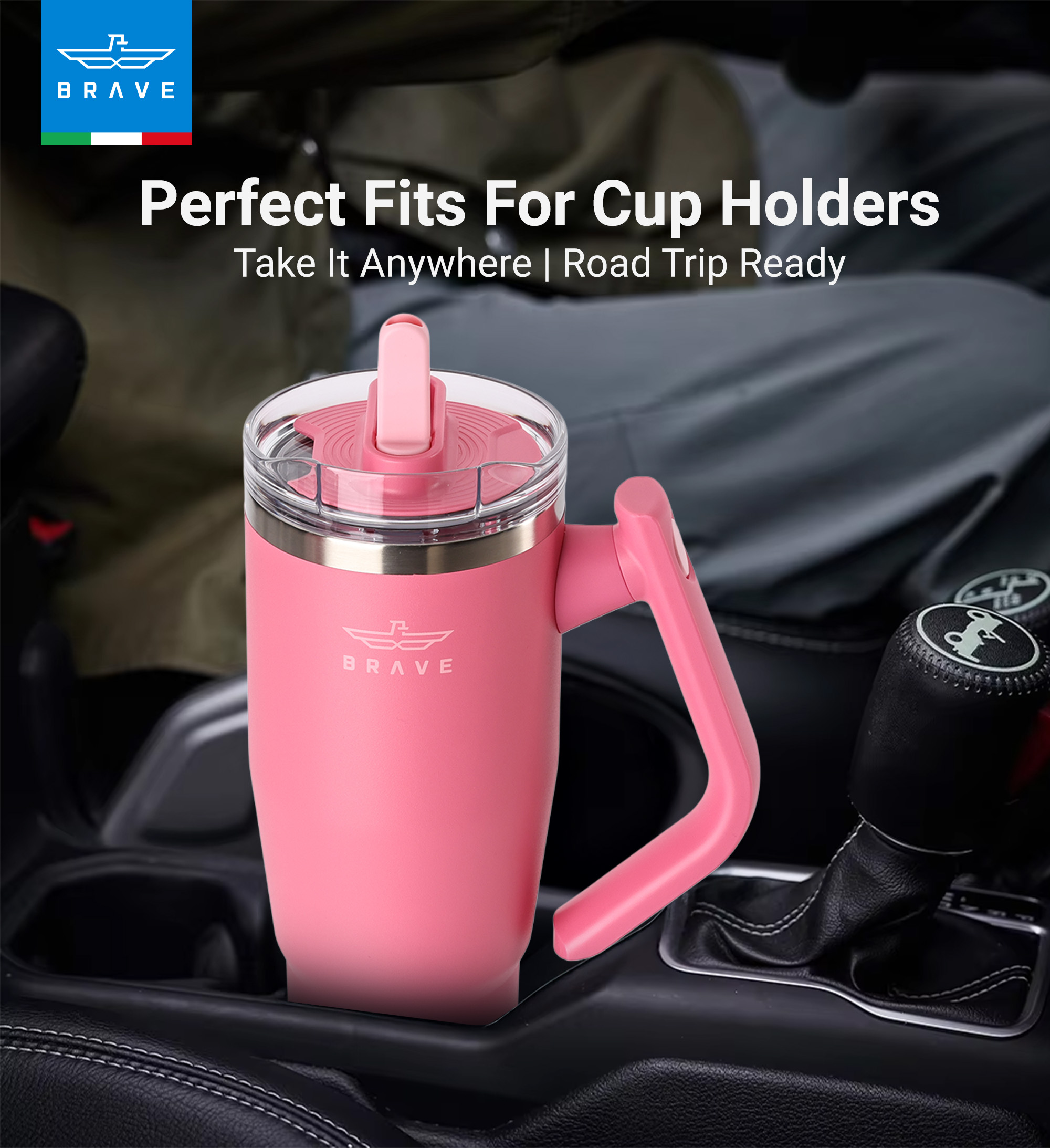 Brave Temp Guard Vacuum Insulated Travel Mug – 180° Rotating Handle, 24H Cold & 12H Hot Retention, Leak-Proof Lid, 1200ml - Rose Red