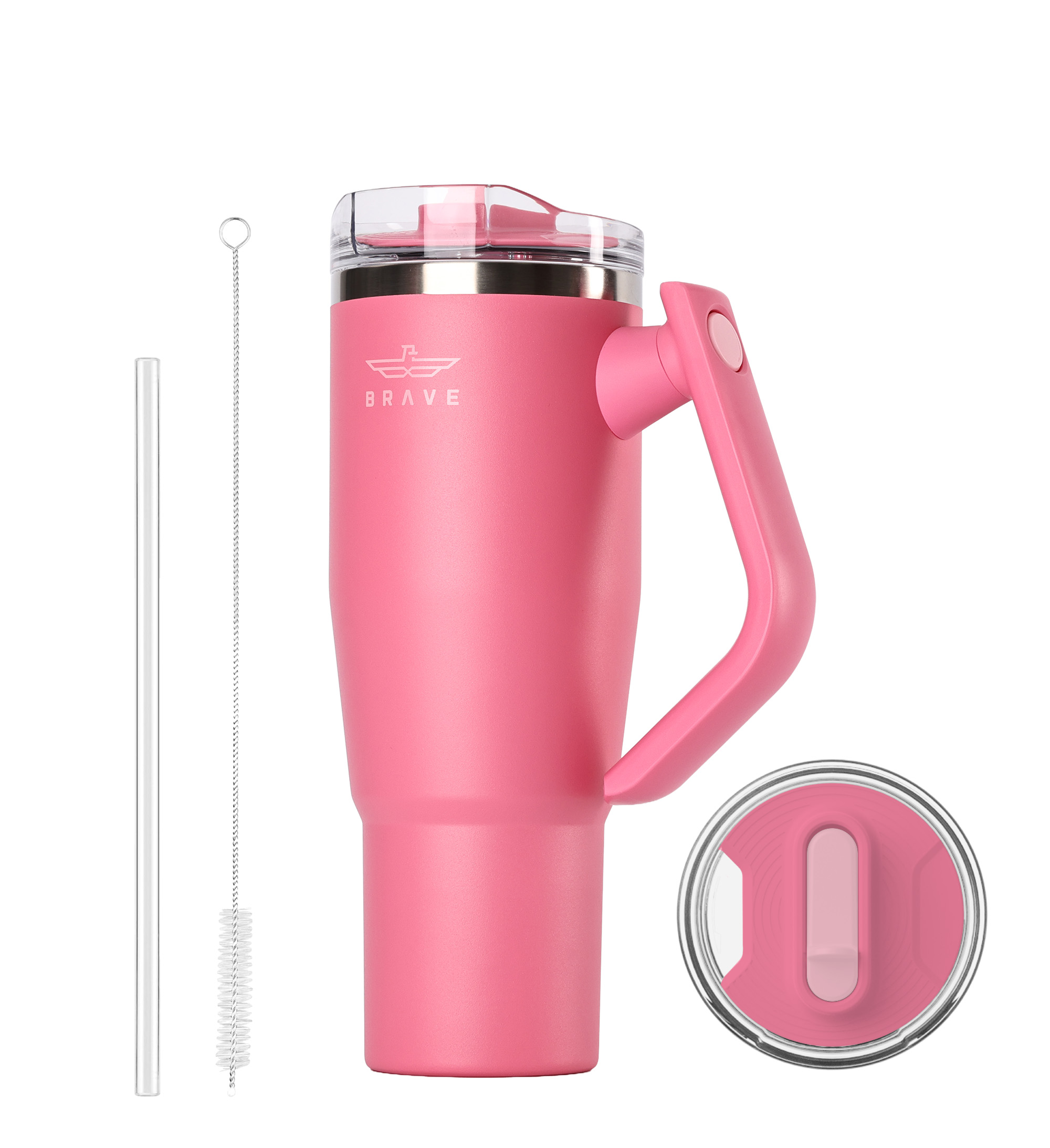 Brave Temp Guard Vacuum Insulated Travel Mug – 180° Rotating Handle, 24H Cold & 12H Hot Retention, Leak-Proof Lid, 1200ml - Rose Red