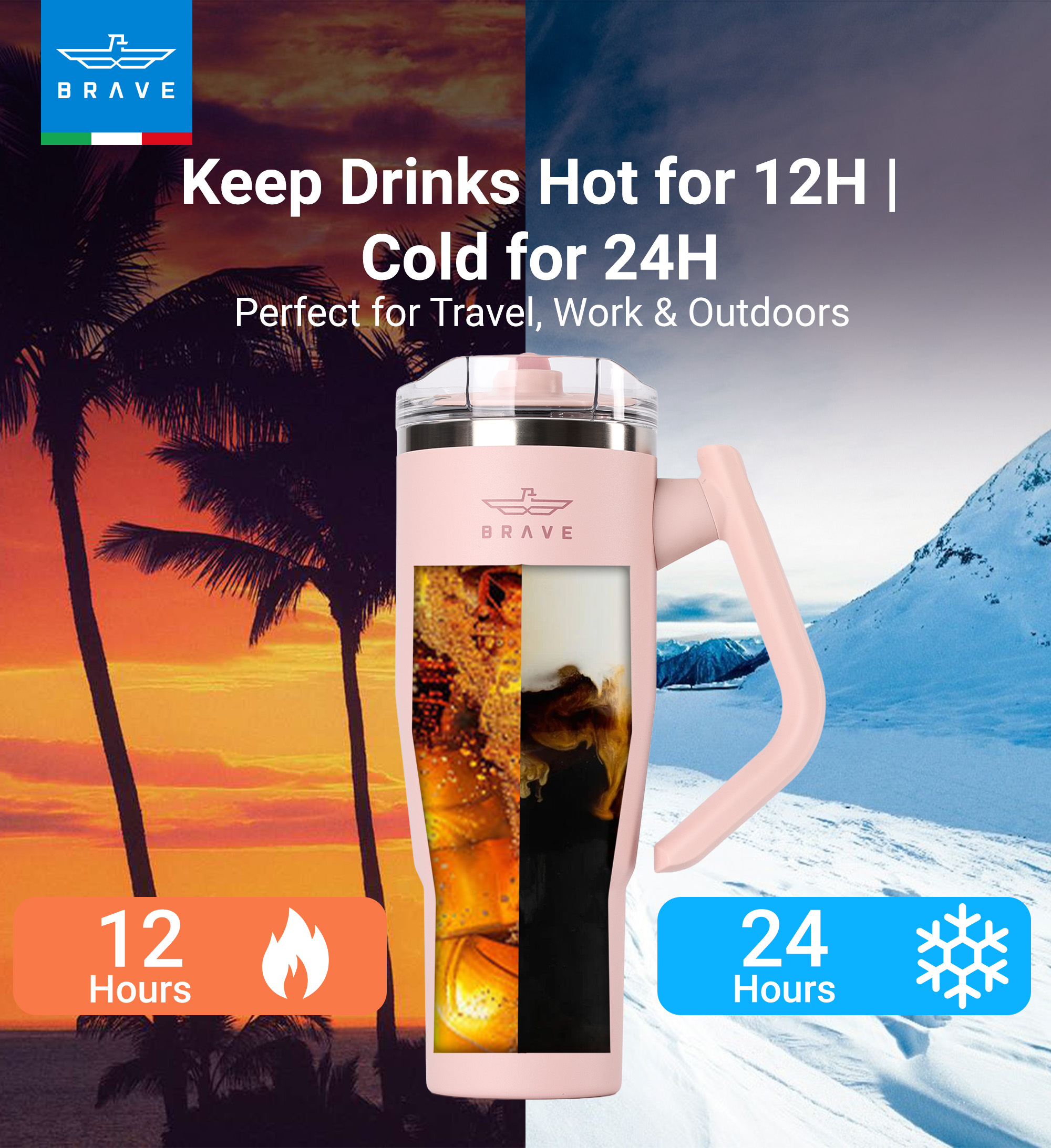 Brave Temp Guard Vacuum Insulated Travel Mug – 180° Rotating Handle, 24H Cold & 12H Hot Retention, Leak-Proof Lid, 1200ml - Light Pink