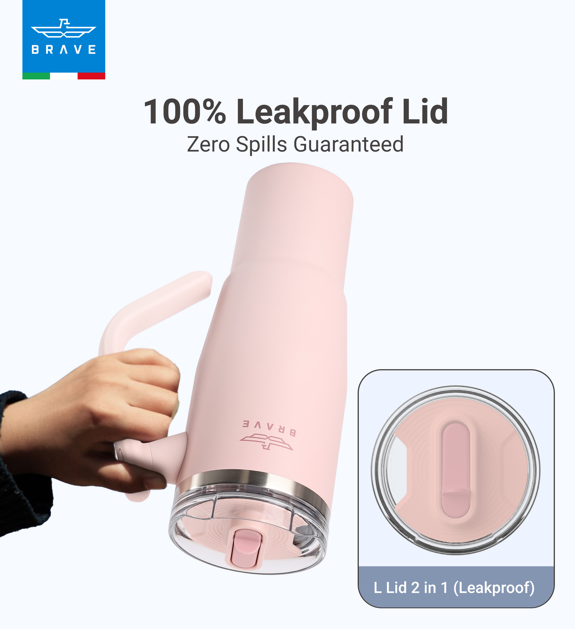 Brave Temp Guard Vacuum Insulated Travel Mug – 180° Rotating Handle, 24H Cold & 12H Hot Retention, Leak-Proof Lid, 1200ml - Light Pink