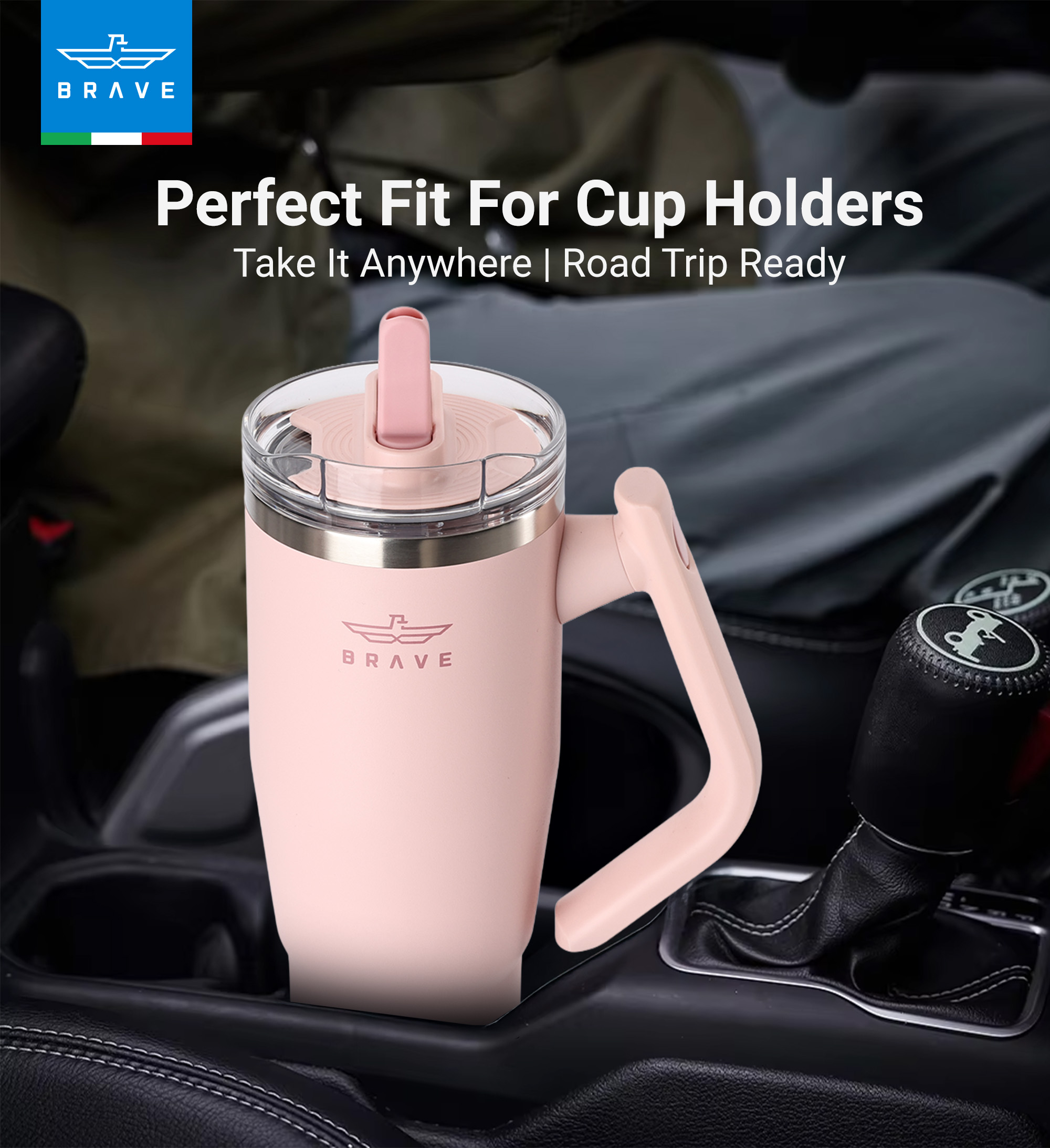 Brave Temp Guard Vacuum Insulated Travel Mug – 180° Rotating Handle, 24H Cold & 12H Hot Retention, Leak-Proof Lid, 1200ml - Light Pink