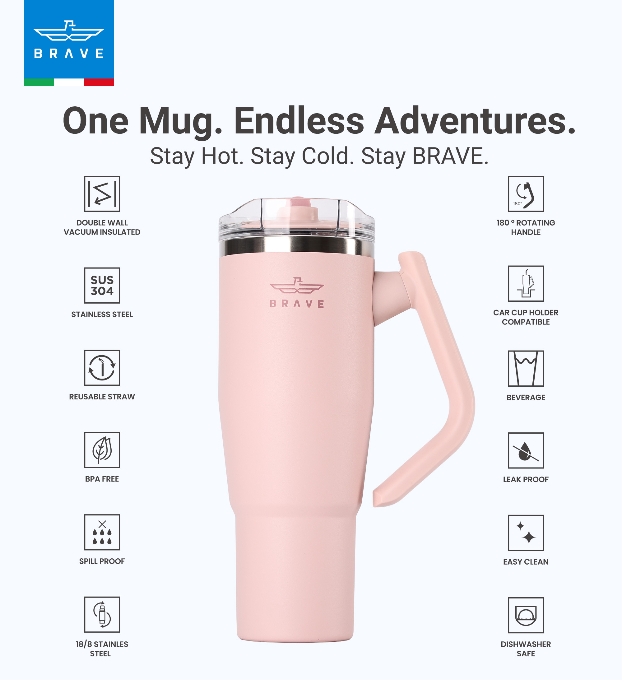 Brave Temp Guard Vacuum Insulated Travel Mug – 180° Rotating Handle, 24H Cold & 12H Hot Retention, Leak-Proof Lid, 1200ml - Light Pink