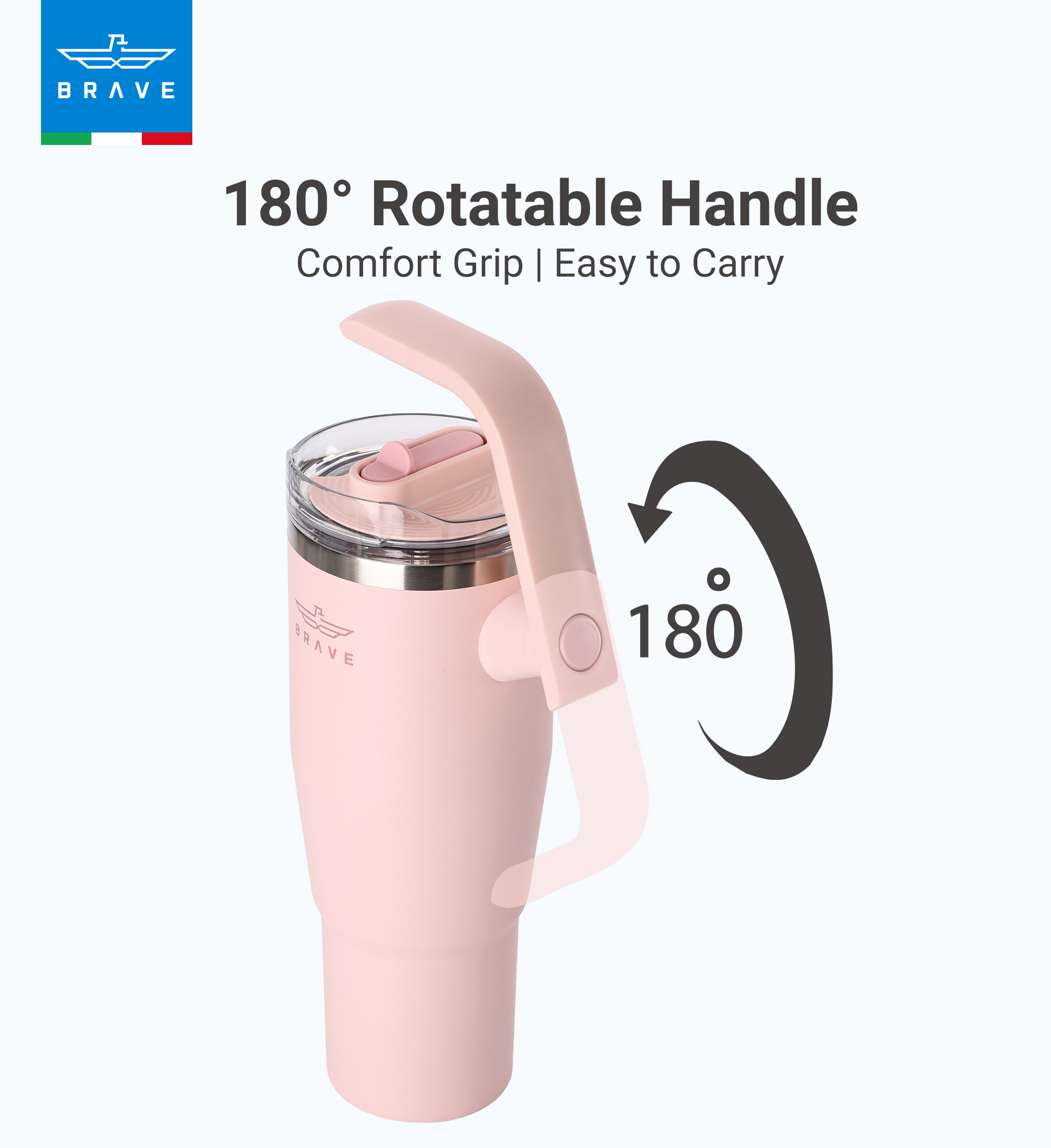 Brave Temp Guard Vacuum Insulated Travel Mug – 180° Rotating Handle, 24H Cold & 12H Hot Retention, Leak-Proof Lid, 1200ml - Light Pink