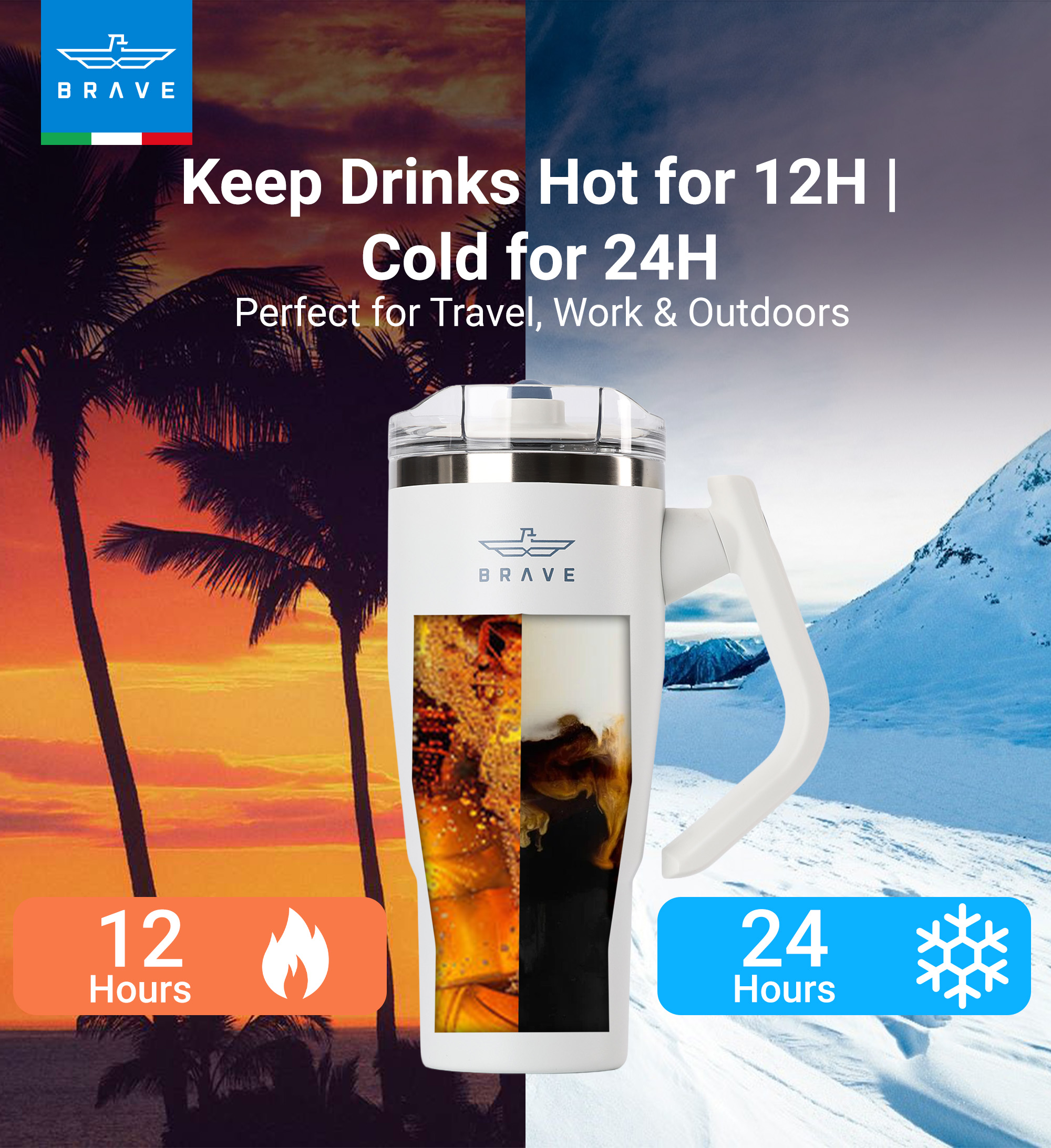 Brave Temp Guard Vacuum Insulated Travel Mug – 180° Rotating Handle, 24H Cold & 12H Hot Retention, Leak-Proof Lid, 950ml - White