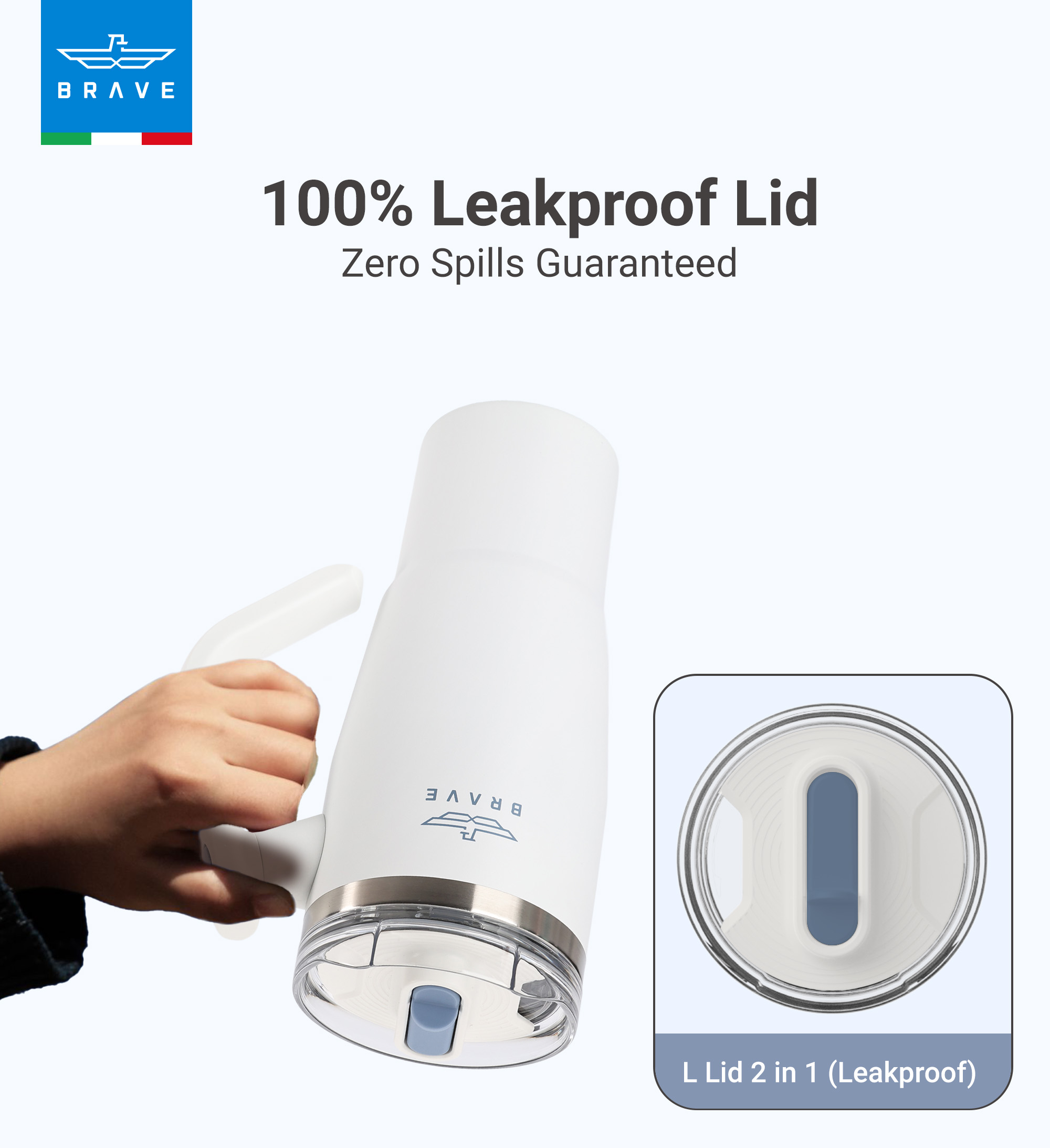 Brave Temp Guard Vacuum Insulated Travel Mug – 180° Rotating Handle, 24H Cold & 12H Hot Retention, Leak-Proof Lid, 950ml - White