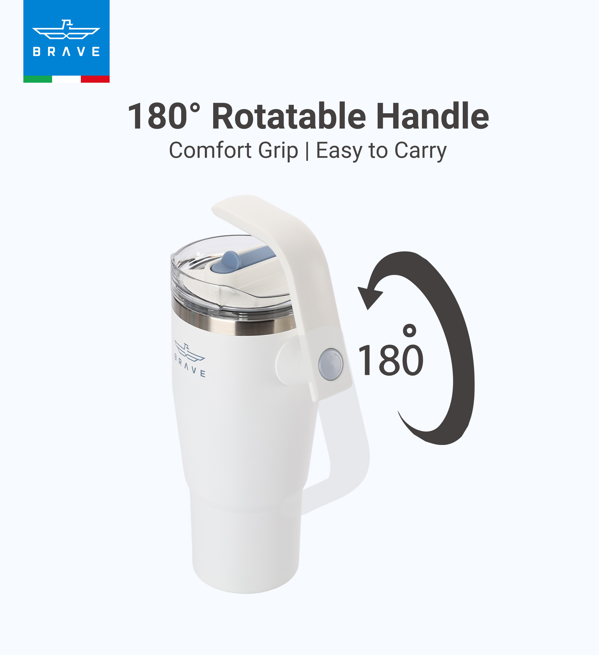 Brave Temp Guard Vacuum Insulated Travel Mug – 180° Rotating Handle, 24H Cold & 12H Hot Retention, Leak-Proof Lid, 950ml - White