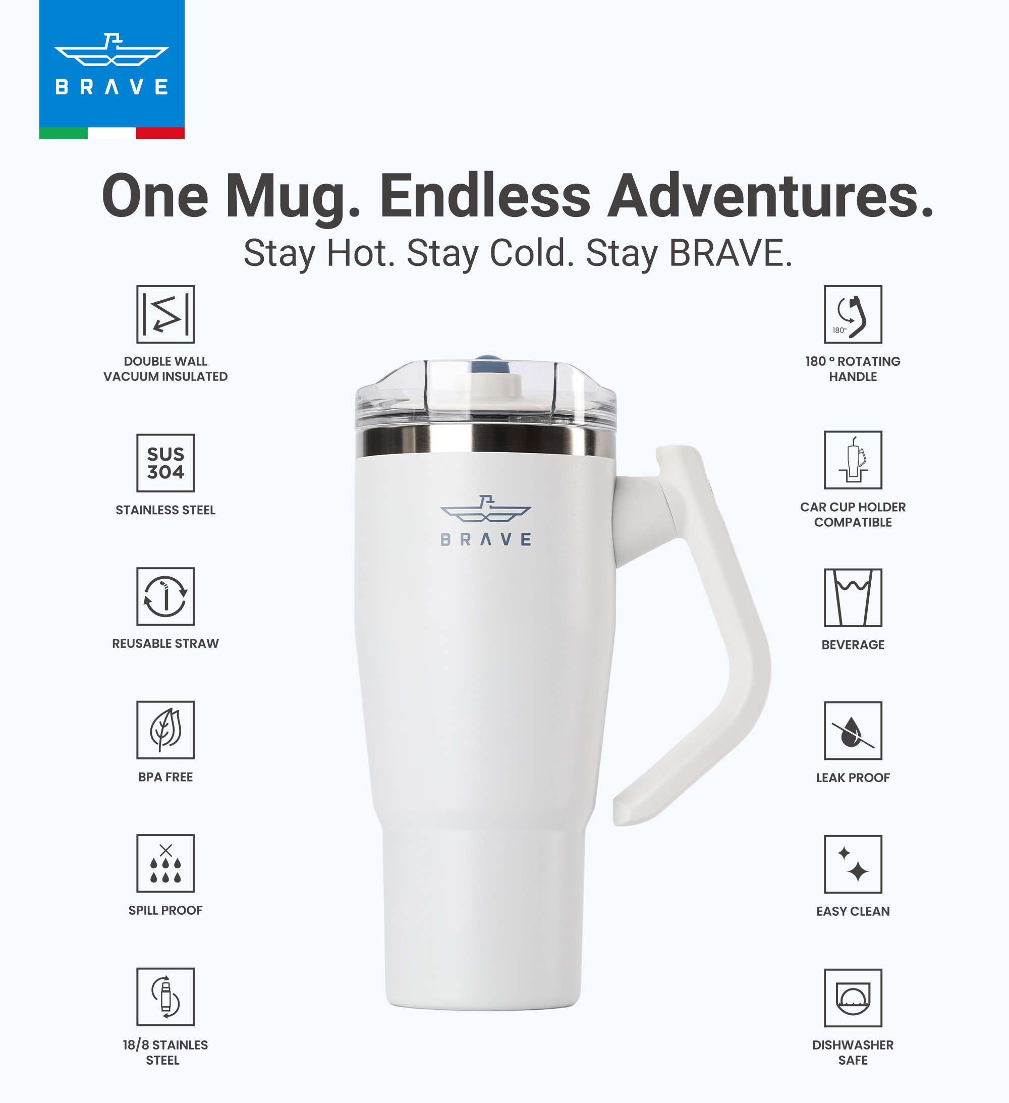 Brave Temp Guard Vacuum Insulated Travel Mug – 180° Rotating Handle, 24H Cold & 12H Hot Retention, Leak-Proof Lid, 950ml - White