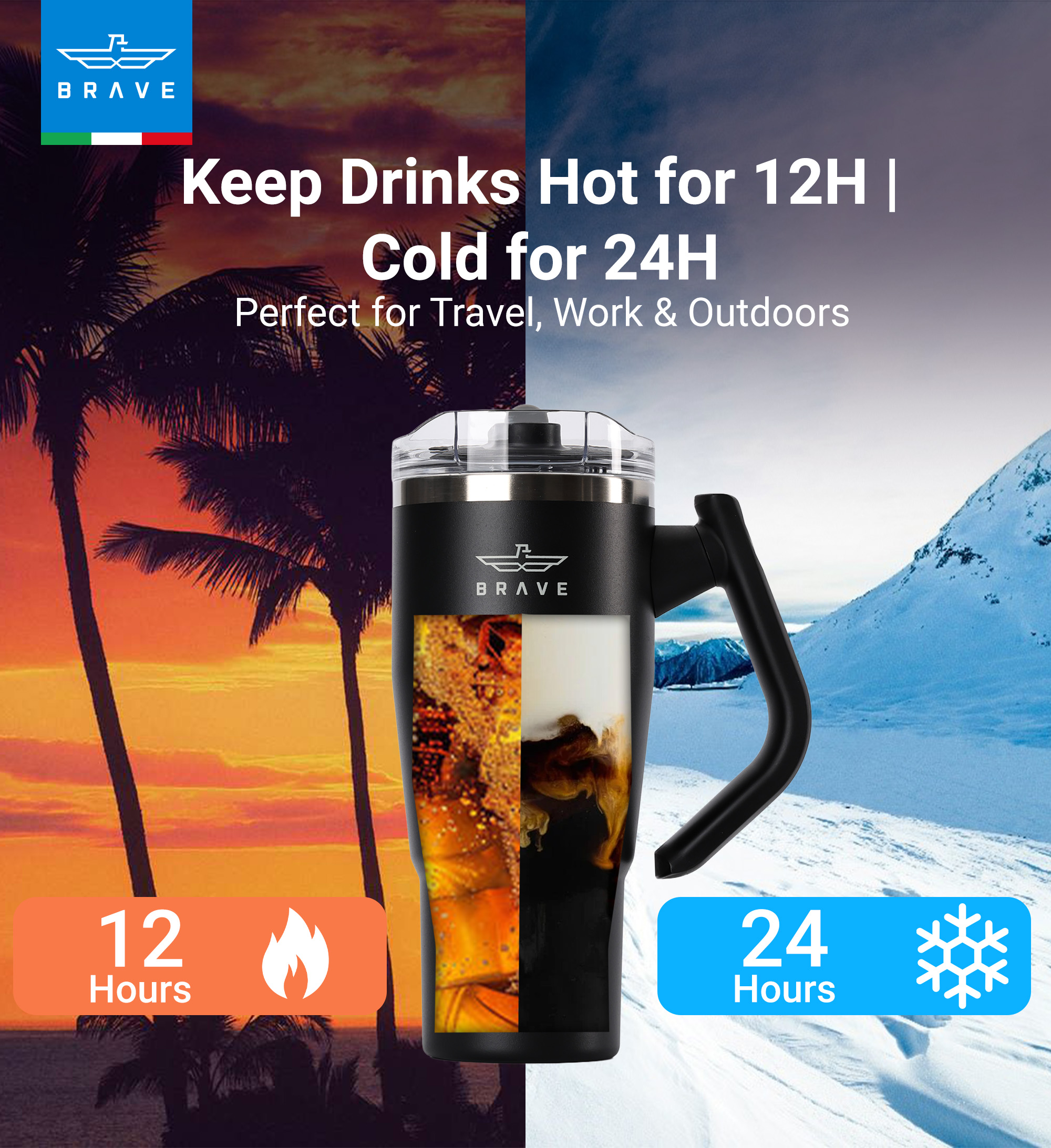 Brave Temp Guard Vacuum Insulated Travel Mug – 180° Rotating Handle, 24H Cold & 12H Hot Retention, Leak-Proof Lid, 950ml - Black