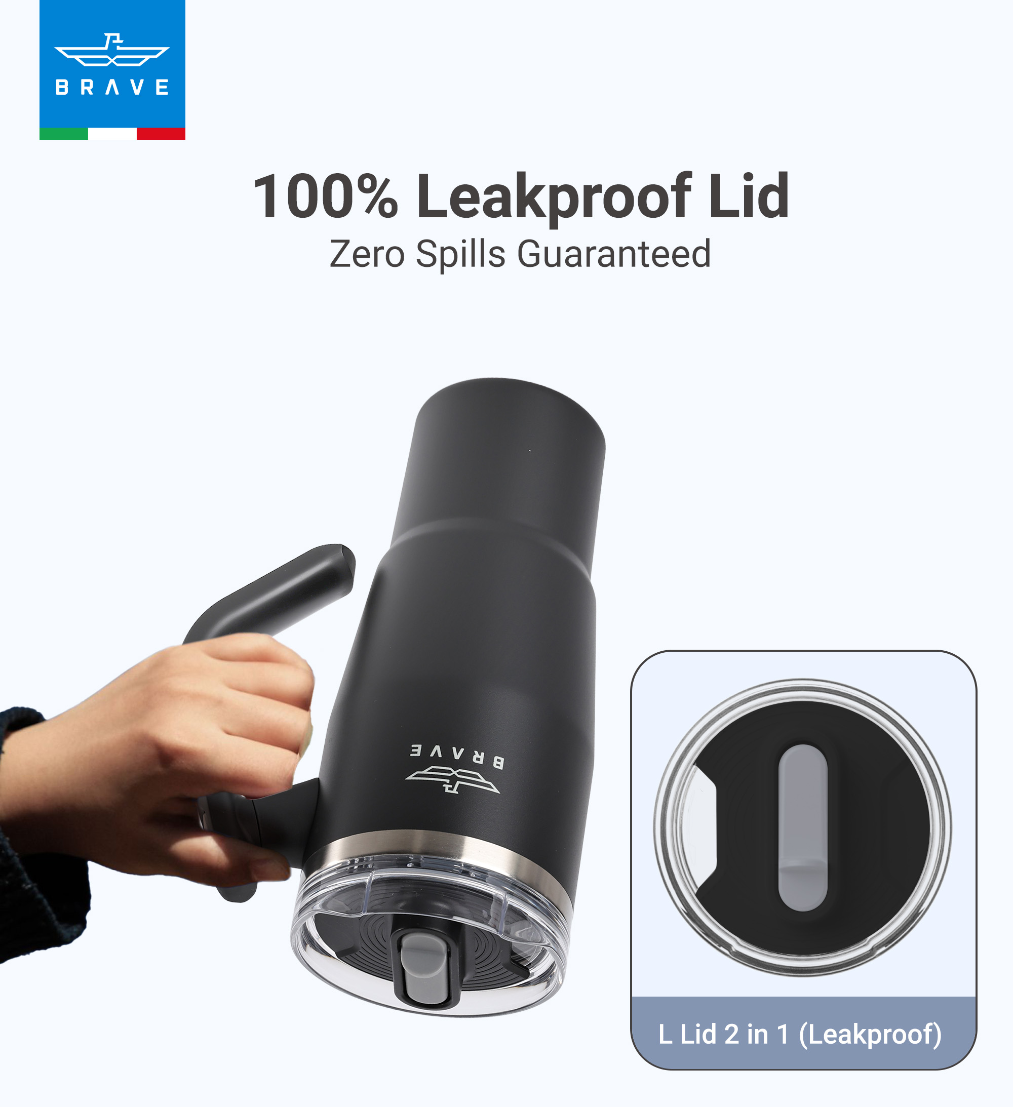 Brave Temp Guard Vacuum Insulated Travel Mug – 180° Rotating Handle, 24H Cold & 12H Hot Retention, Leak-Proof Lid, 950ml - Black